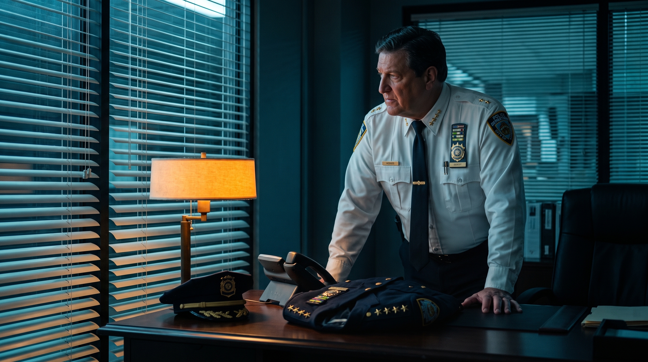 Chief Adamo leaning over his desk beside the uniform he has removed
