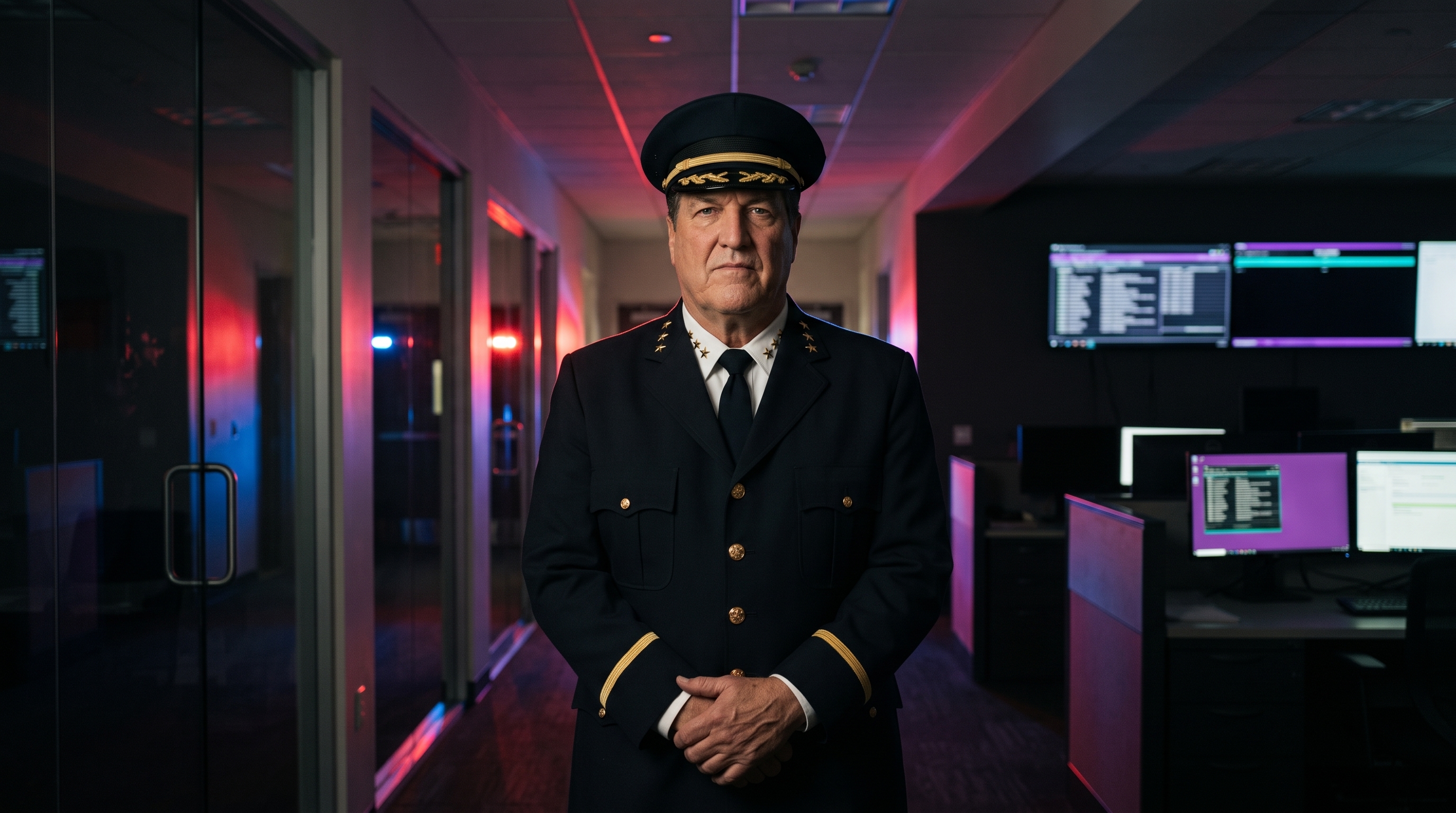 Chief Adamo standing in uniform inside a command center