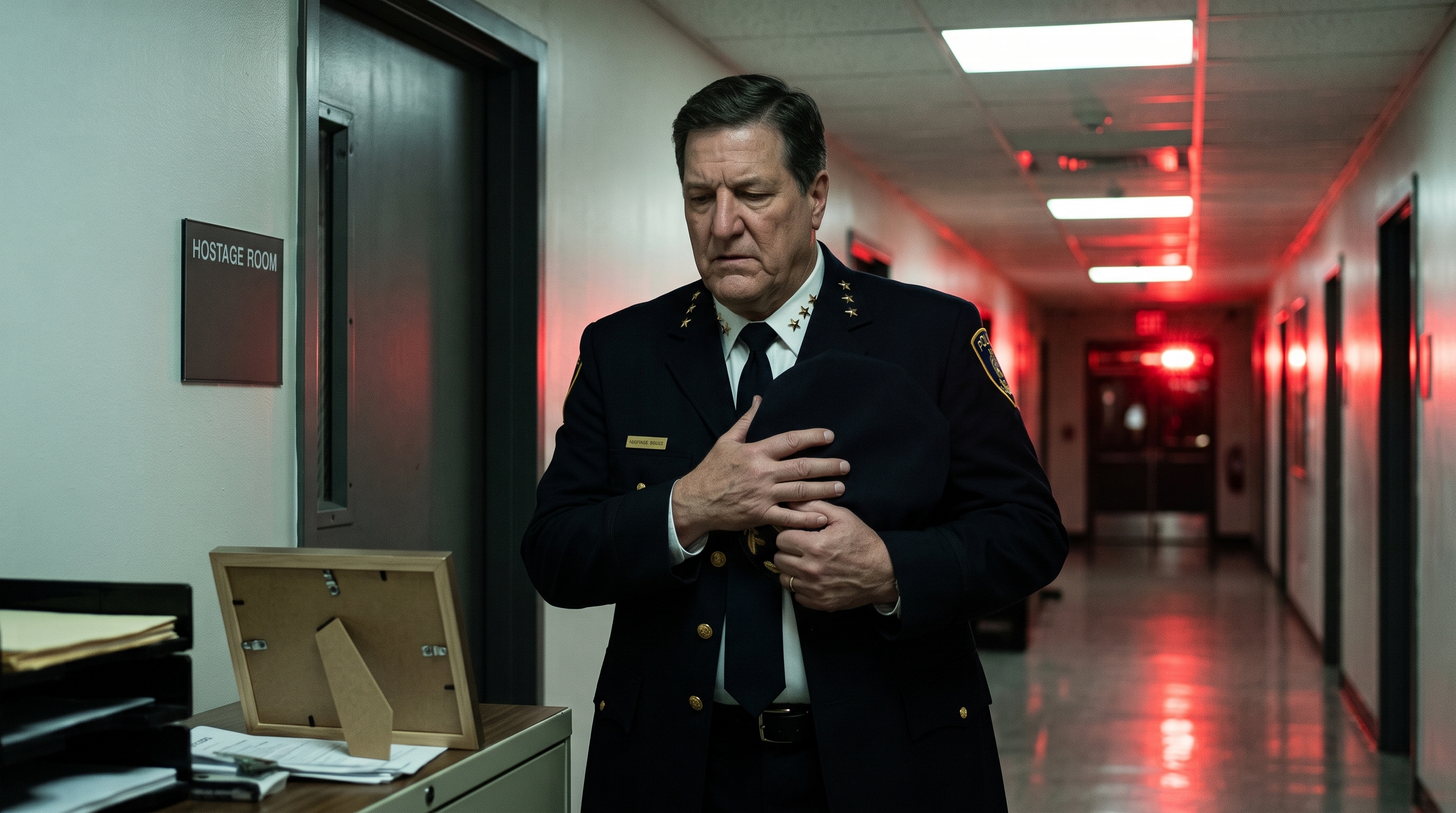 Chief Adamo holding his cap against his chest in a red-lit police hallway
