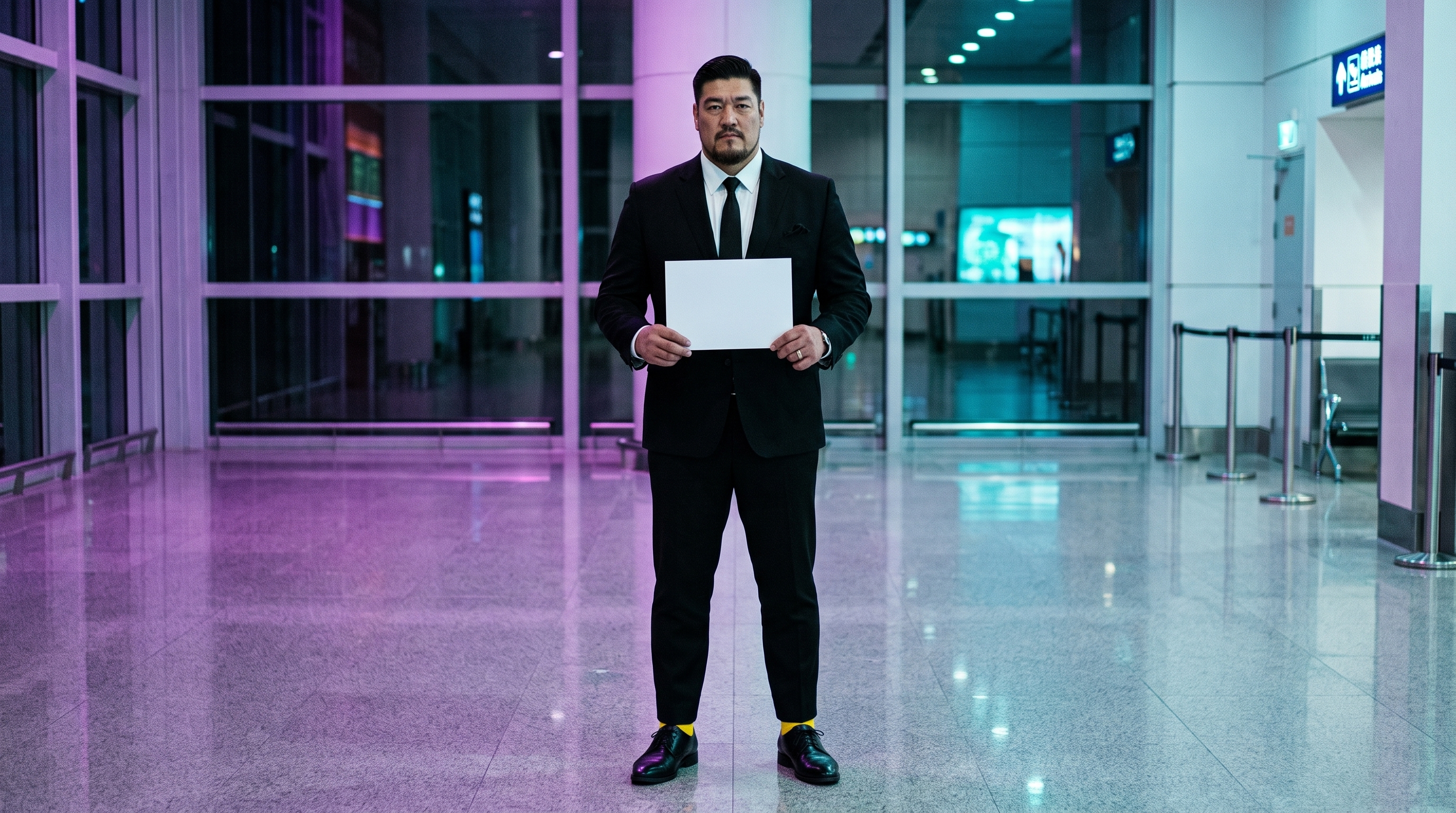 Edwin Lee waiting alone in a Macau airport with yellow socks beneath his black suit