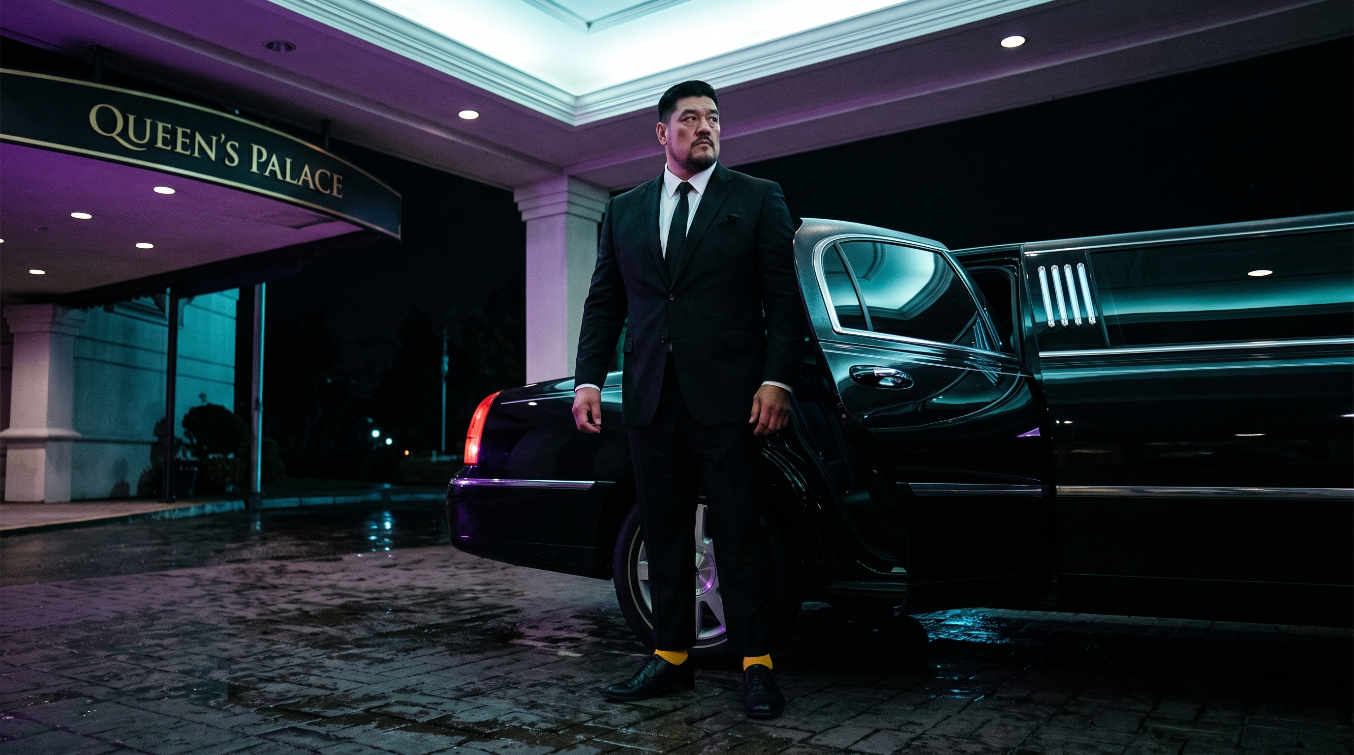Edwin Lee standing beside an open black limousine at night