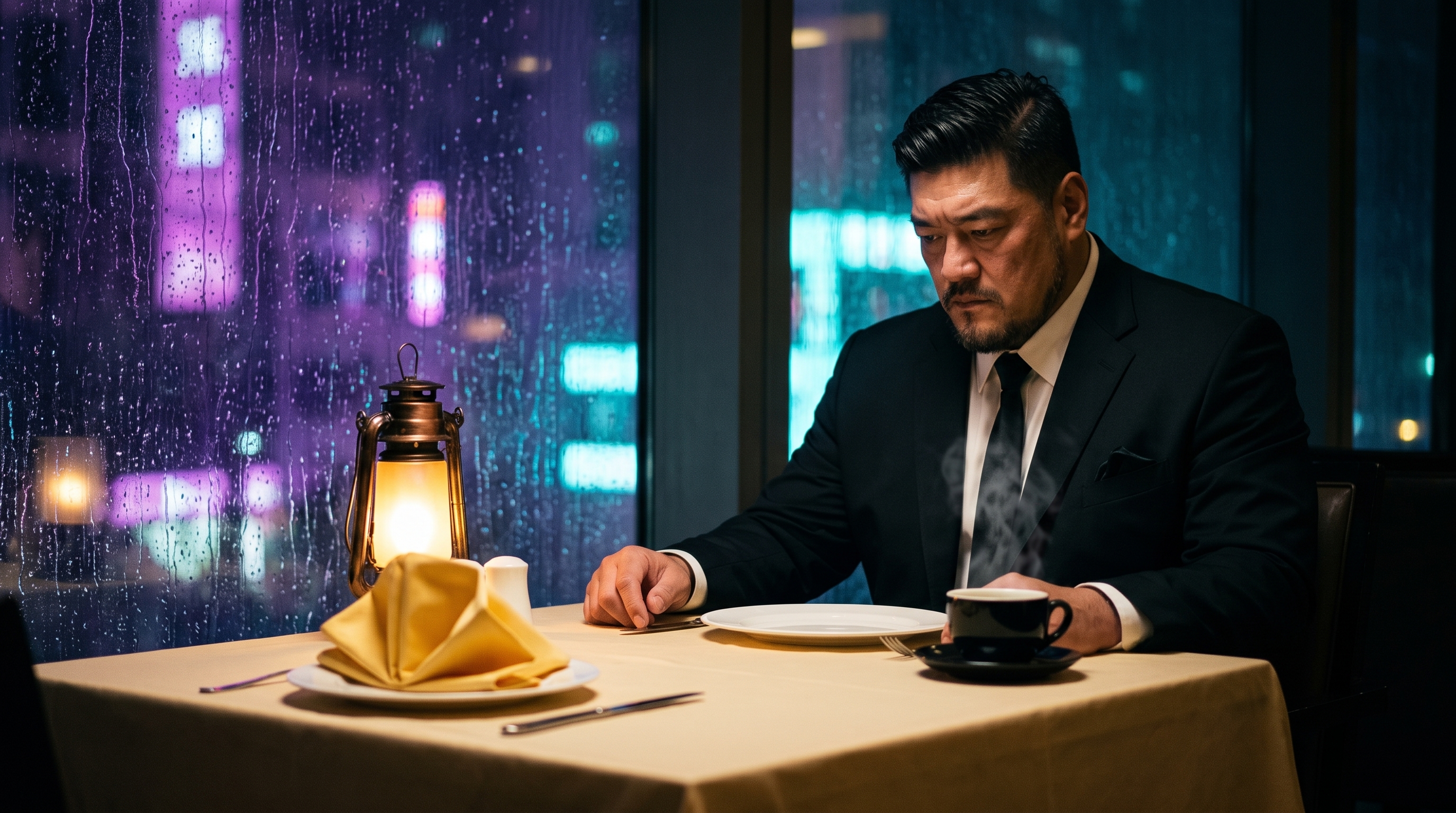 Edwin Lee seated alone at a rain-darkened restaurant table