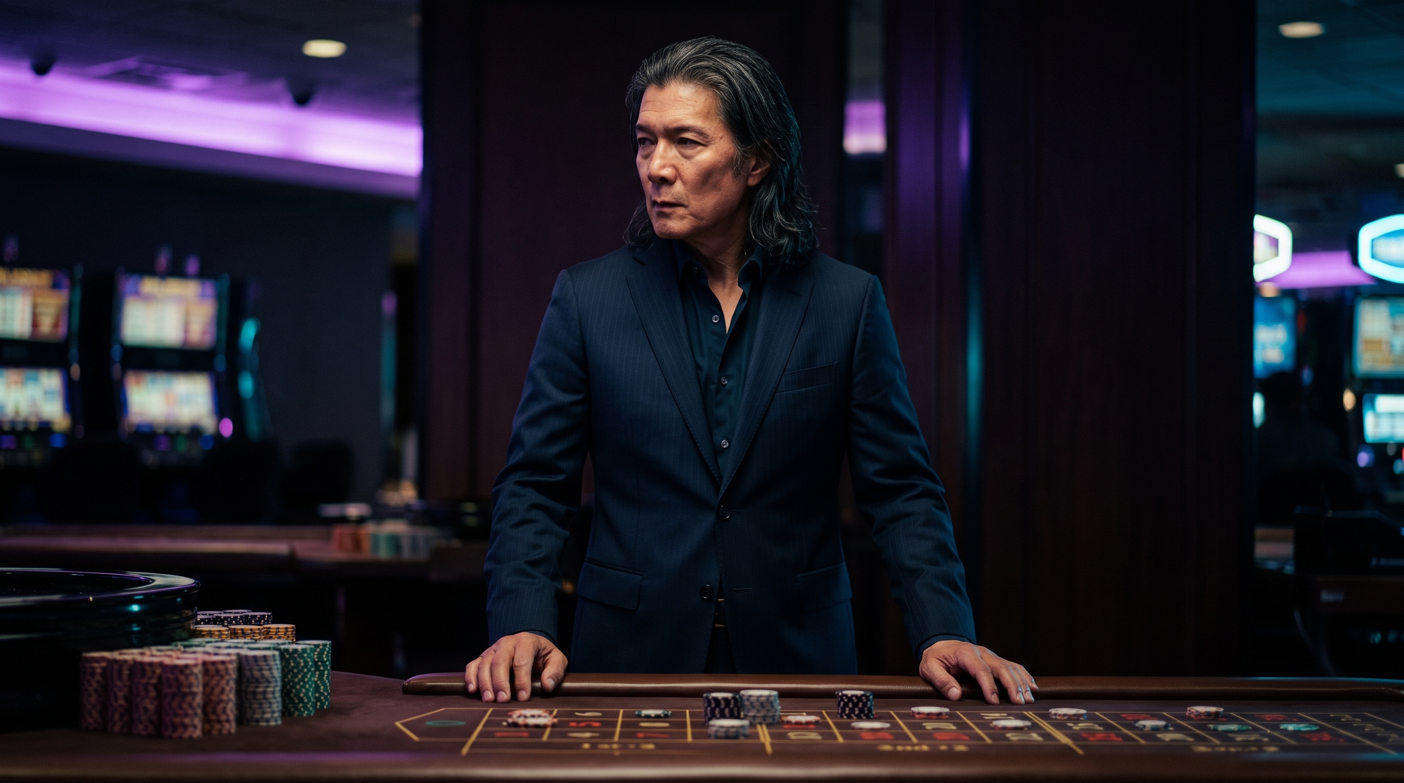 Ho Chan standing at a casino table under purple and cyan light
