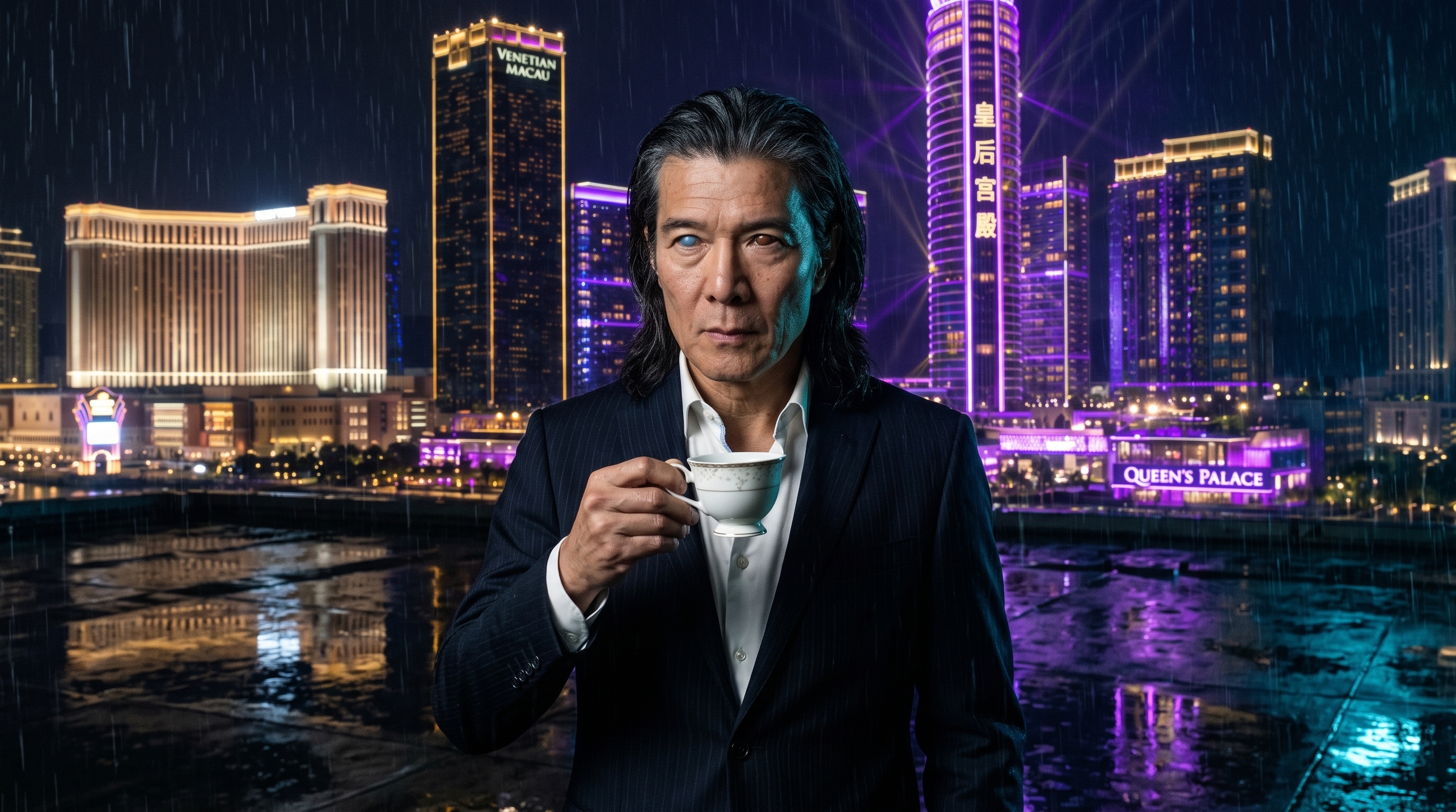 Ho Chan holding a porcelain cup above a rain-lit Macau skyline