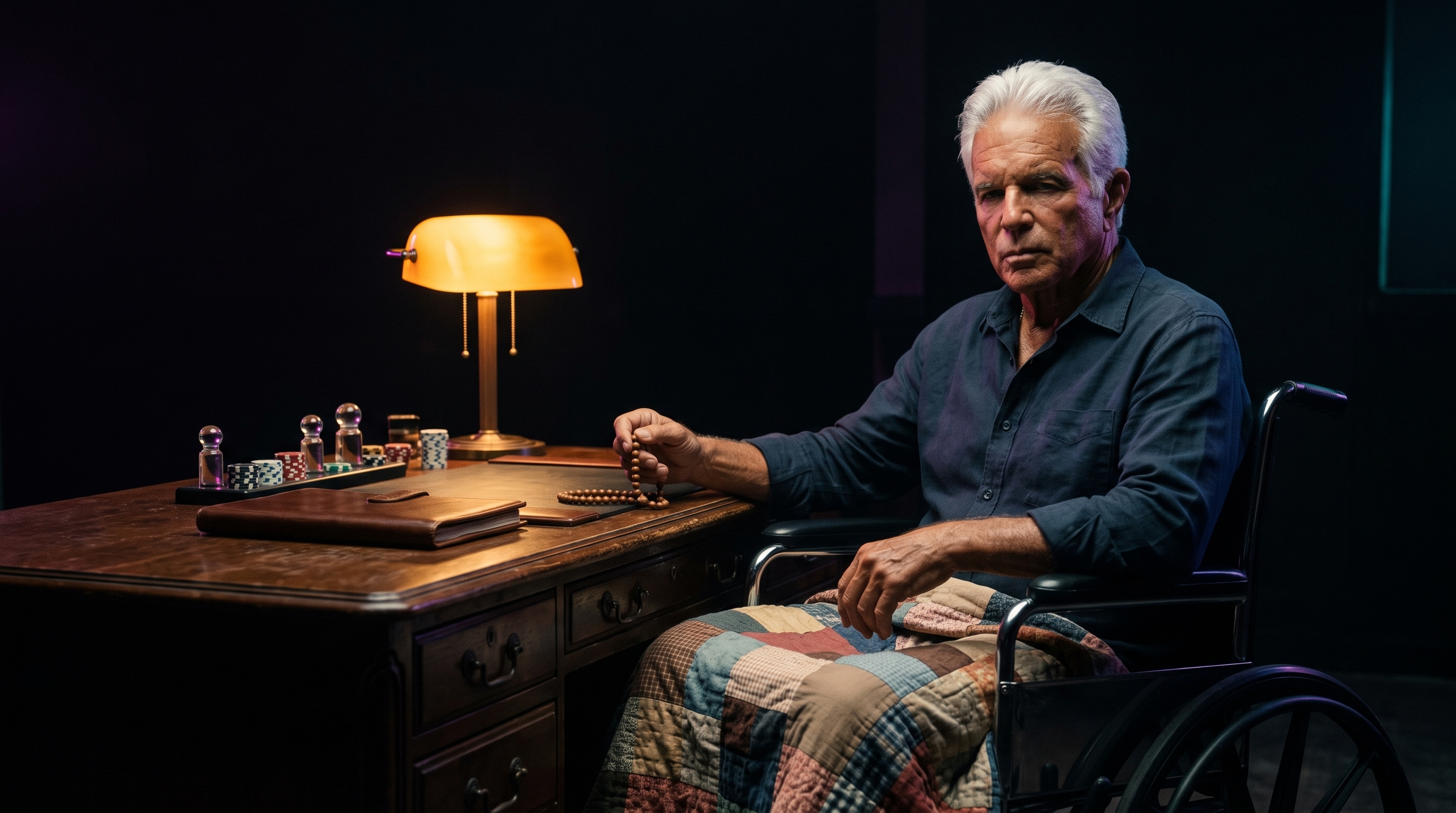 Jimmy Flynn in his wheelchair beside a dark desk, rosary in hand