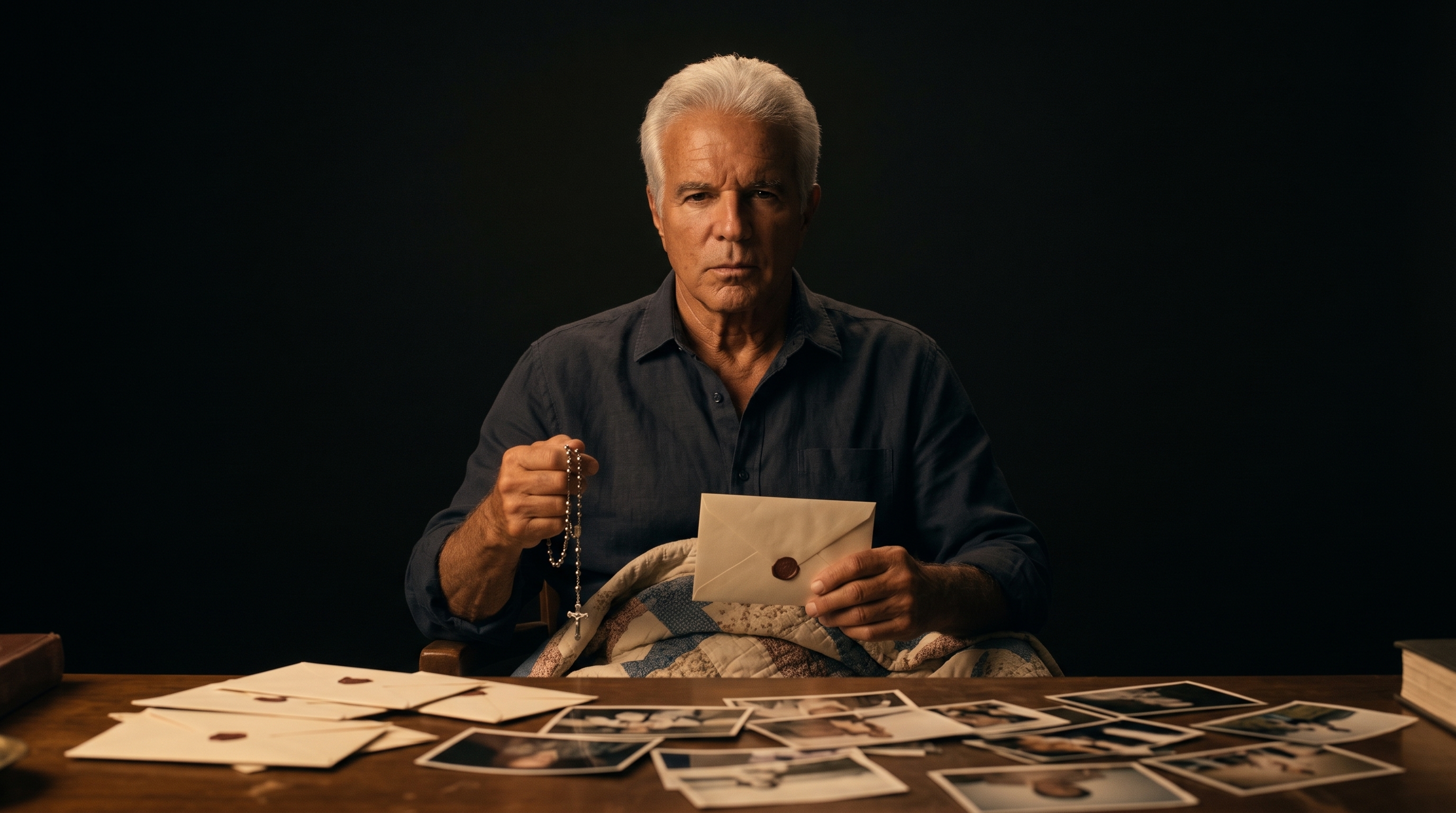 Jimmy Flynn holding a sealed envelope and rosary over a table of photographs