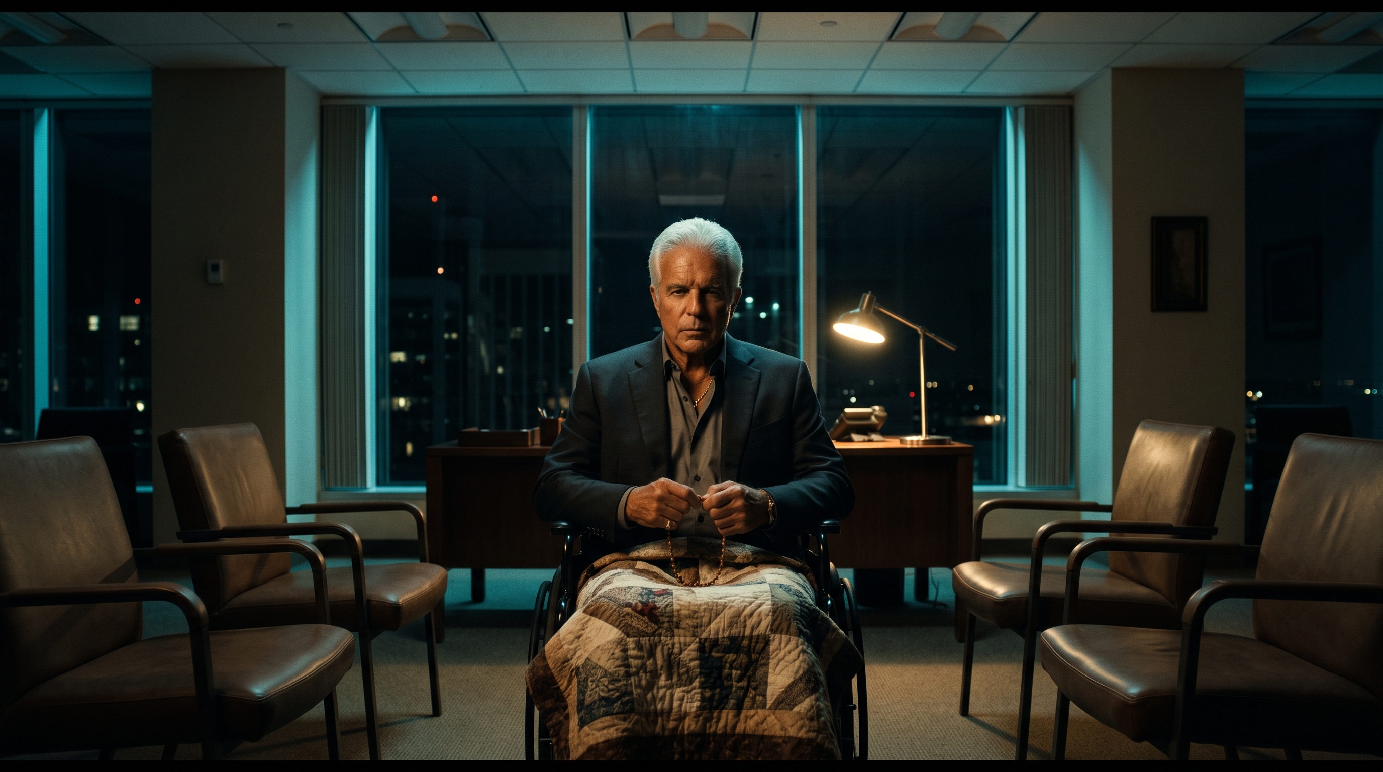 Jimmy Flynn centered in his wheelchair inside an empty night office