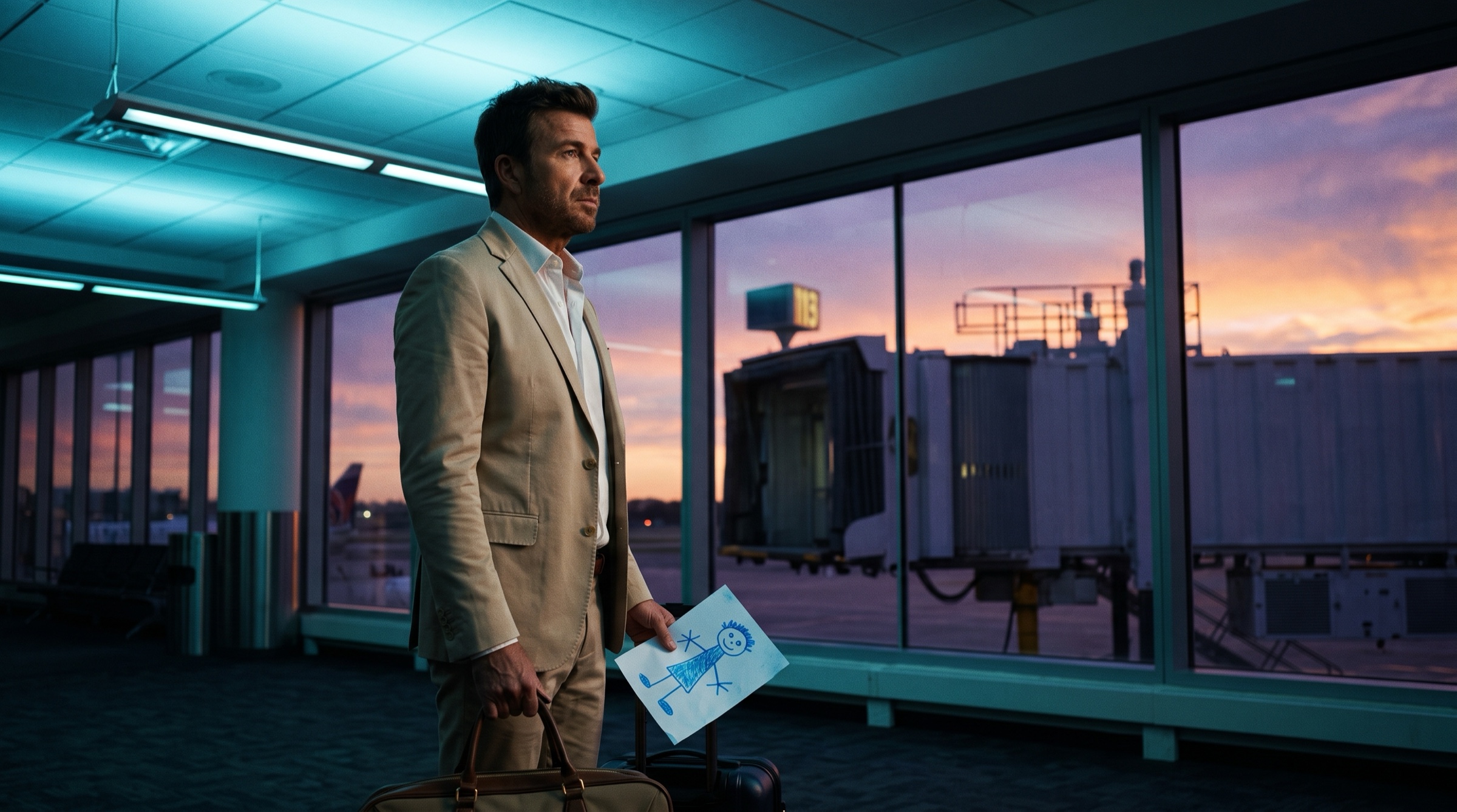 Mac Allen waiting at an airport gate with a child’s drawing