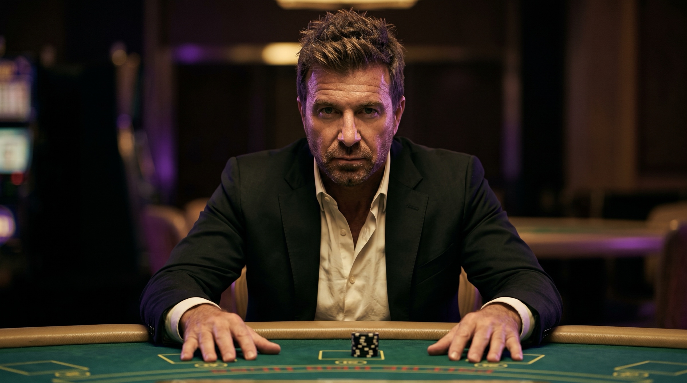 Mac Allen facing the table in a dark casino