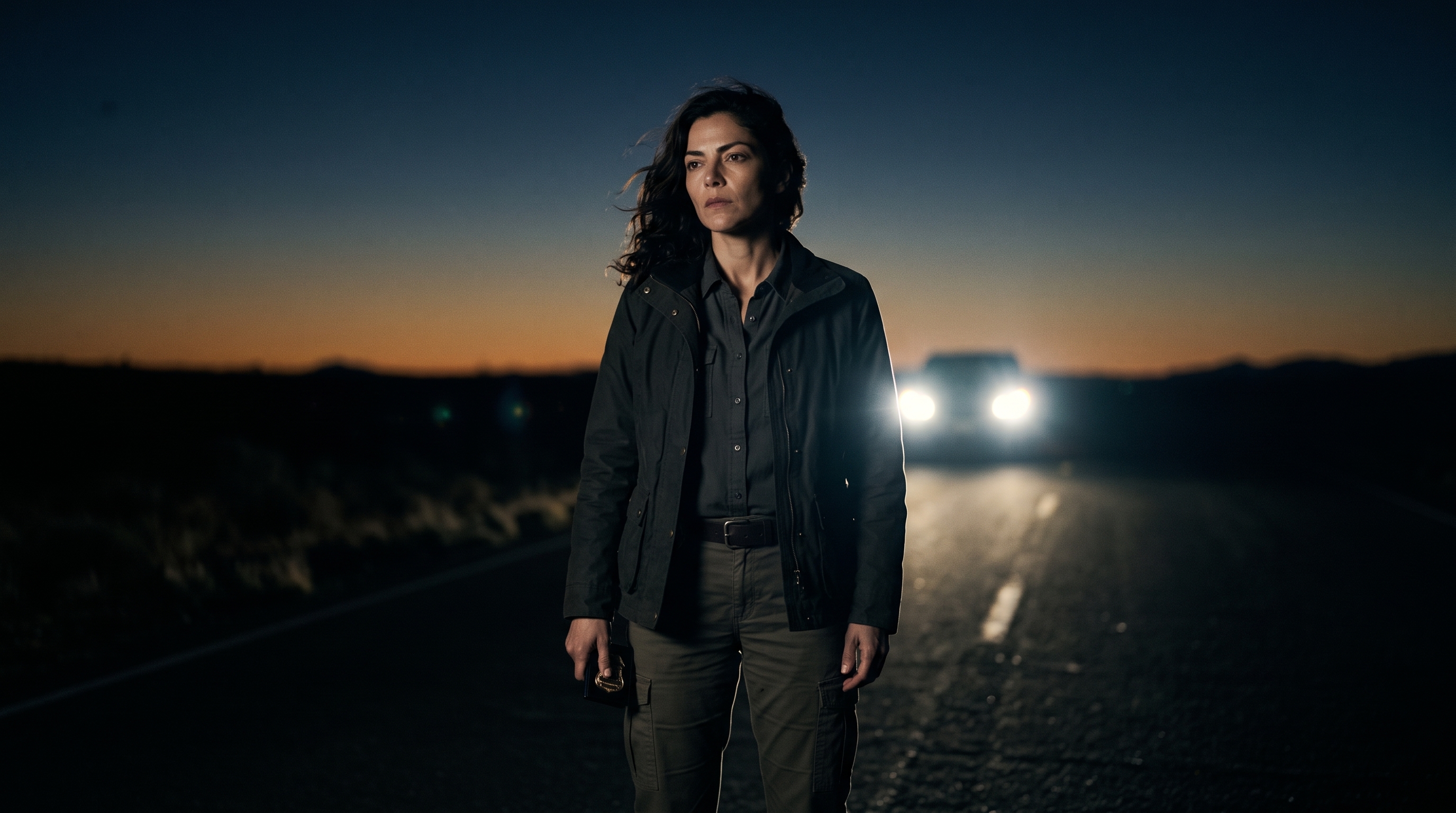 Maria Garcia standing beside a car at dusk with her FBI badge