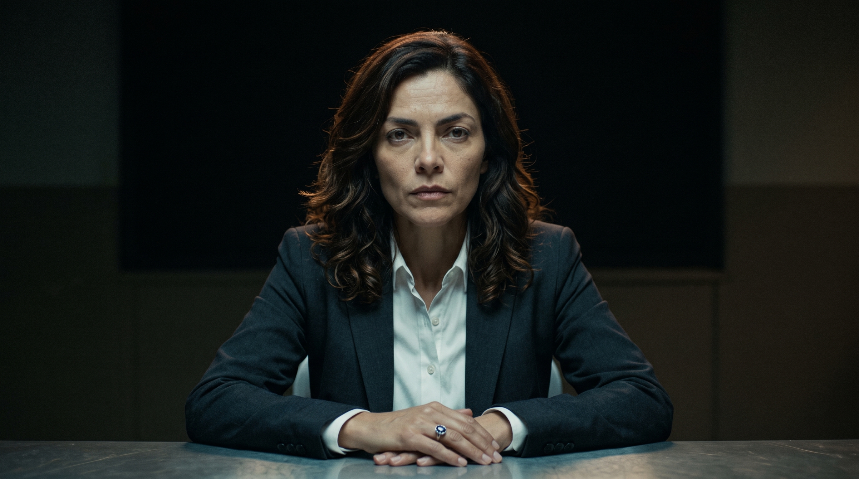 Maria Garcia seated at a metal table, composed during a negotiation