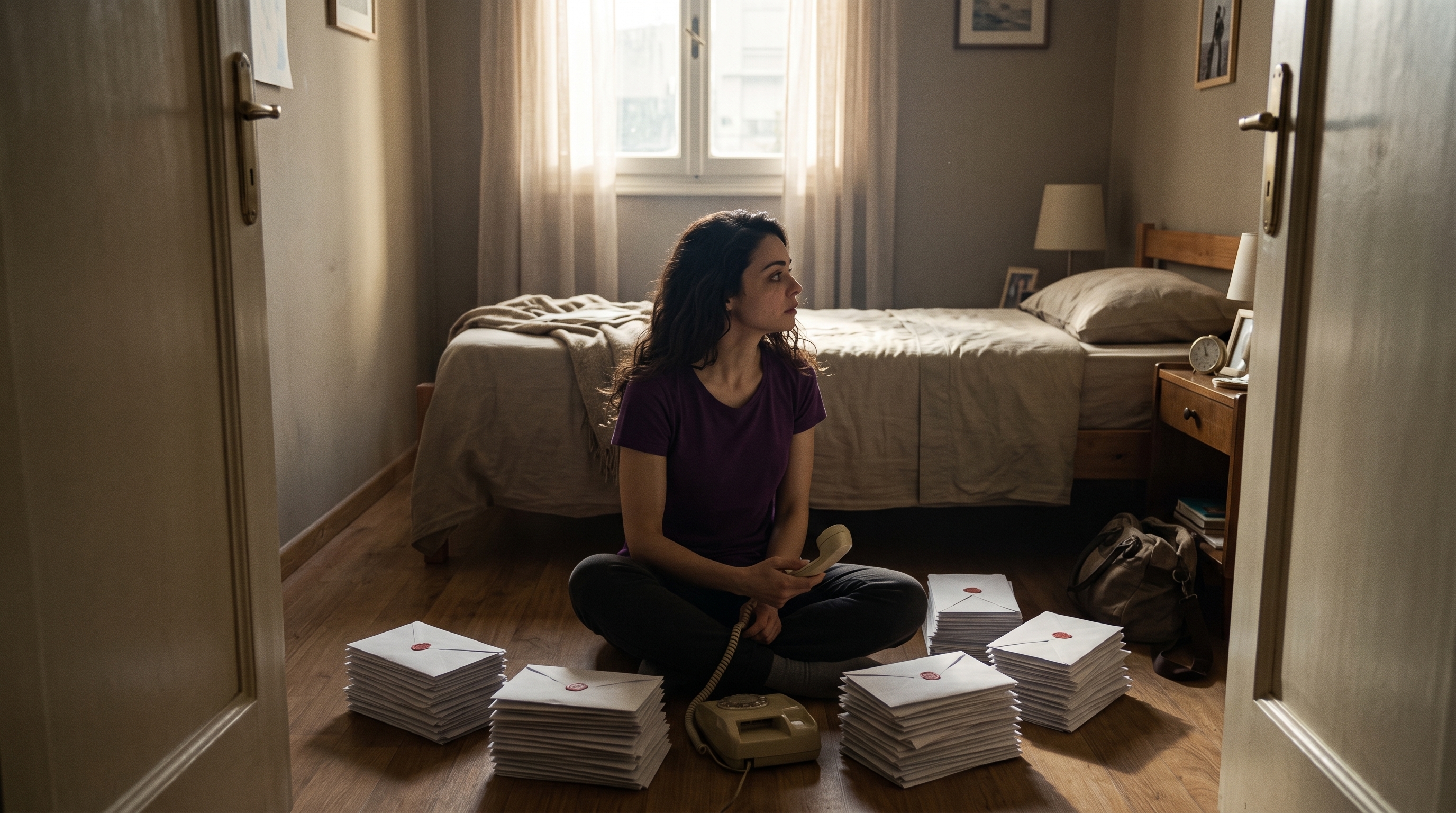 Tina Flynn sitting among sealed letters with a telephone in her hand