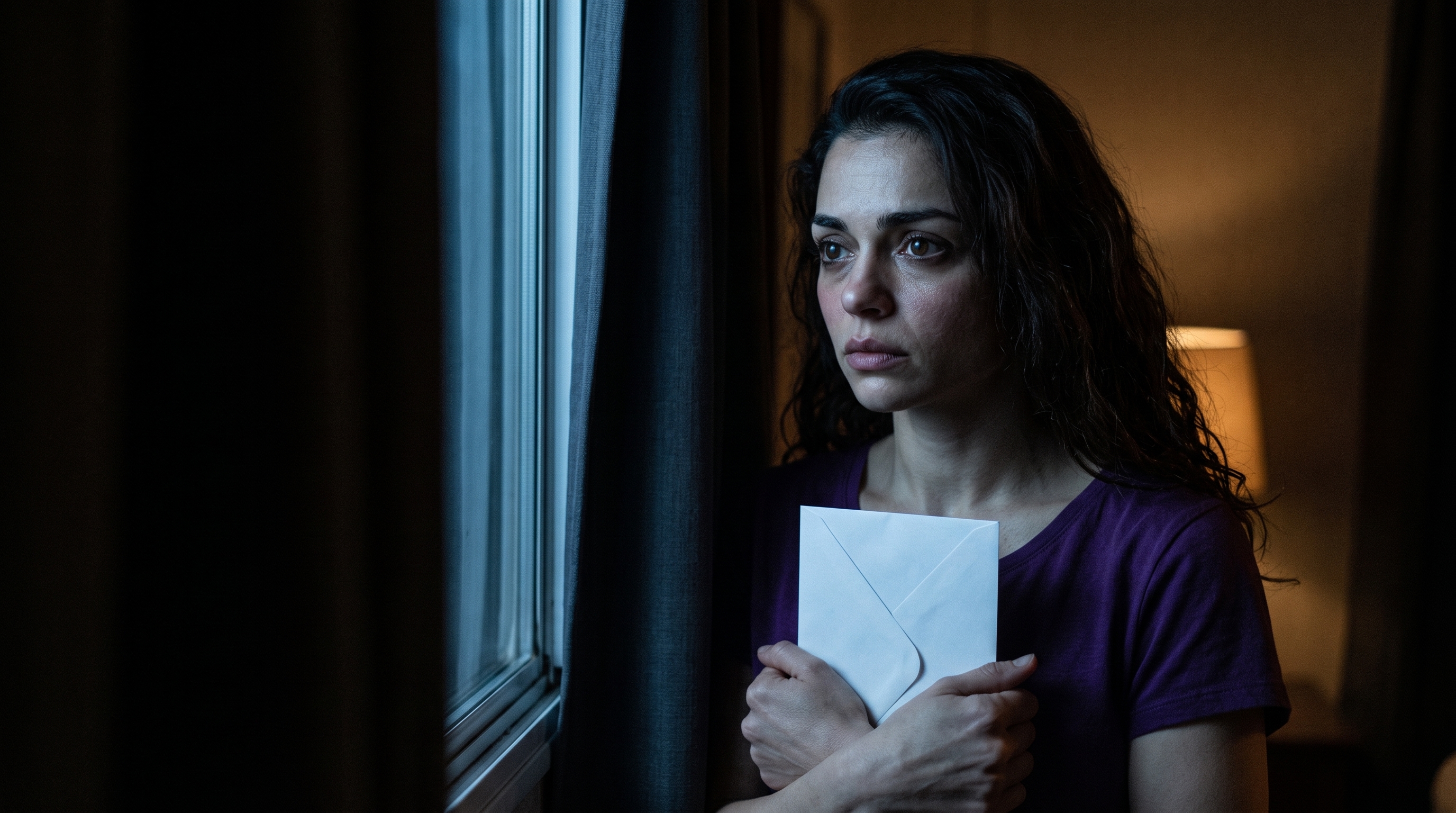 Tina Flynn clutching a sealed envelope beside a dark window