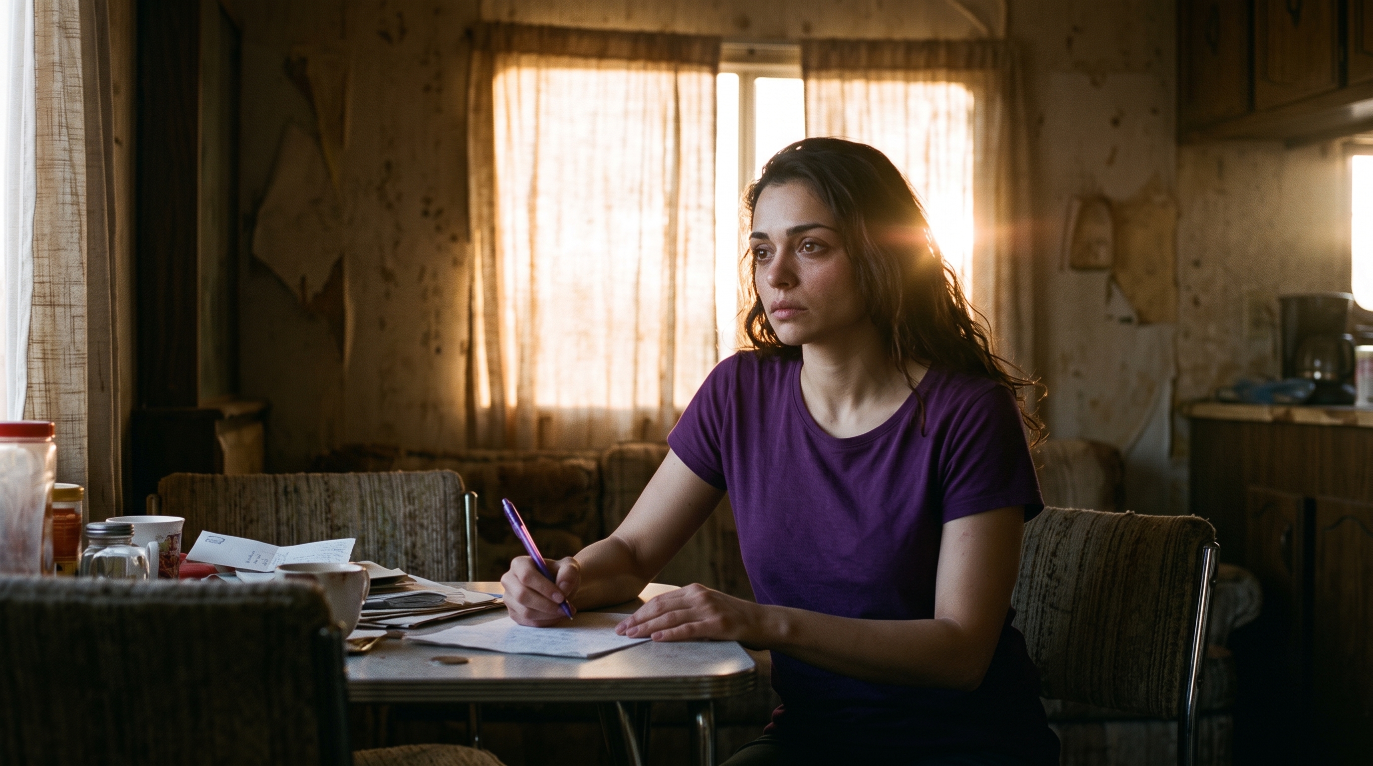 Tina Flynn writing alone at a worn kitchen table in late afternoon light
