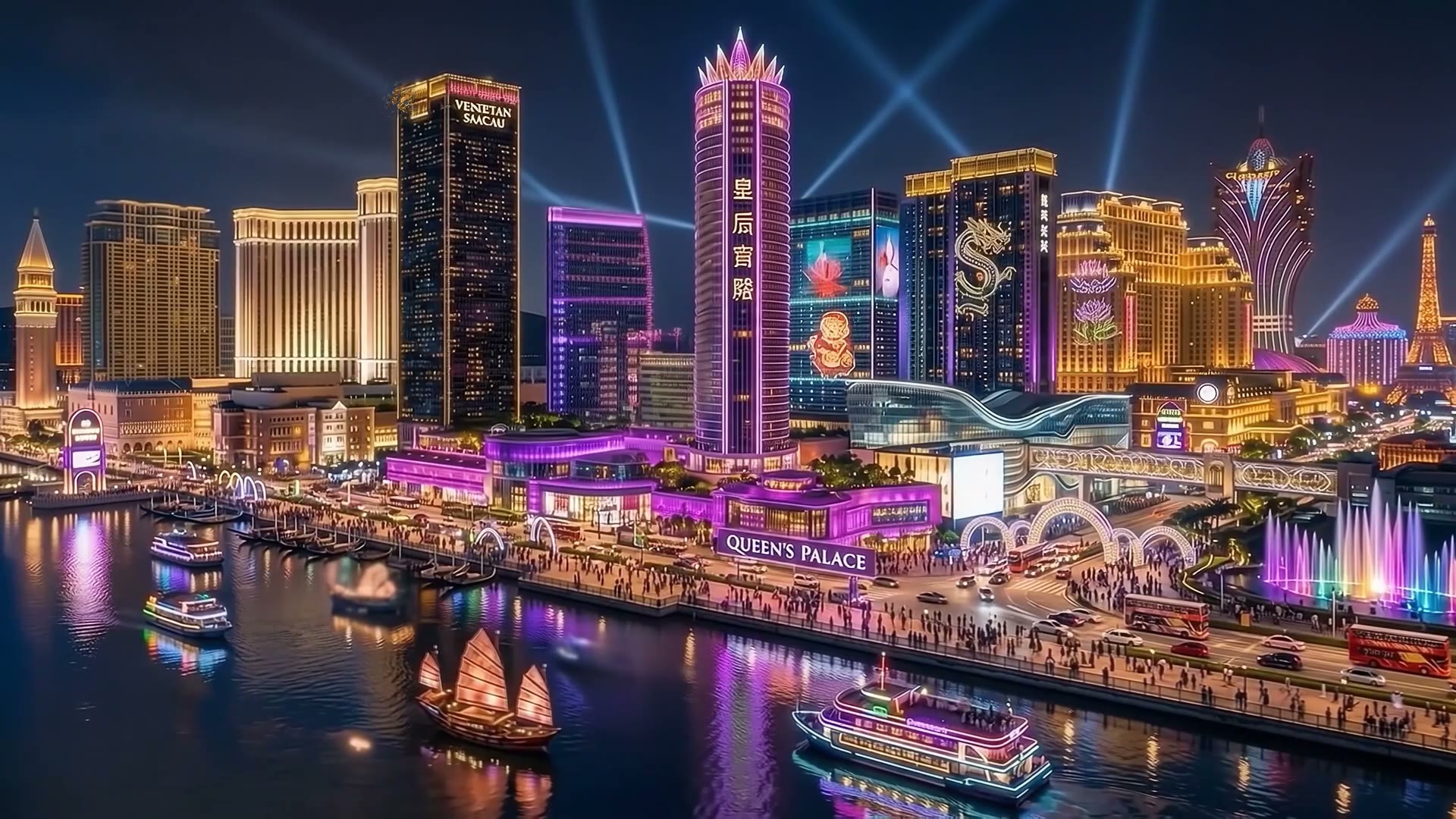 Queen’s Palace glowing purple and gold on the Macau waterfront at night