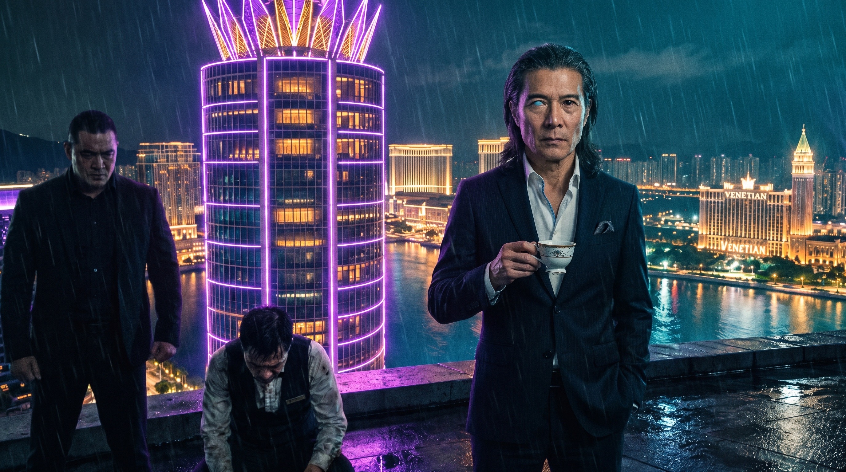 Ho Chan holding tea on the rain-soaked Queen’s Palace roof while the dealer is questioned behind him