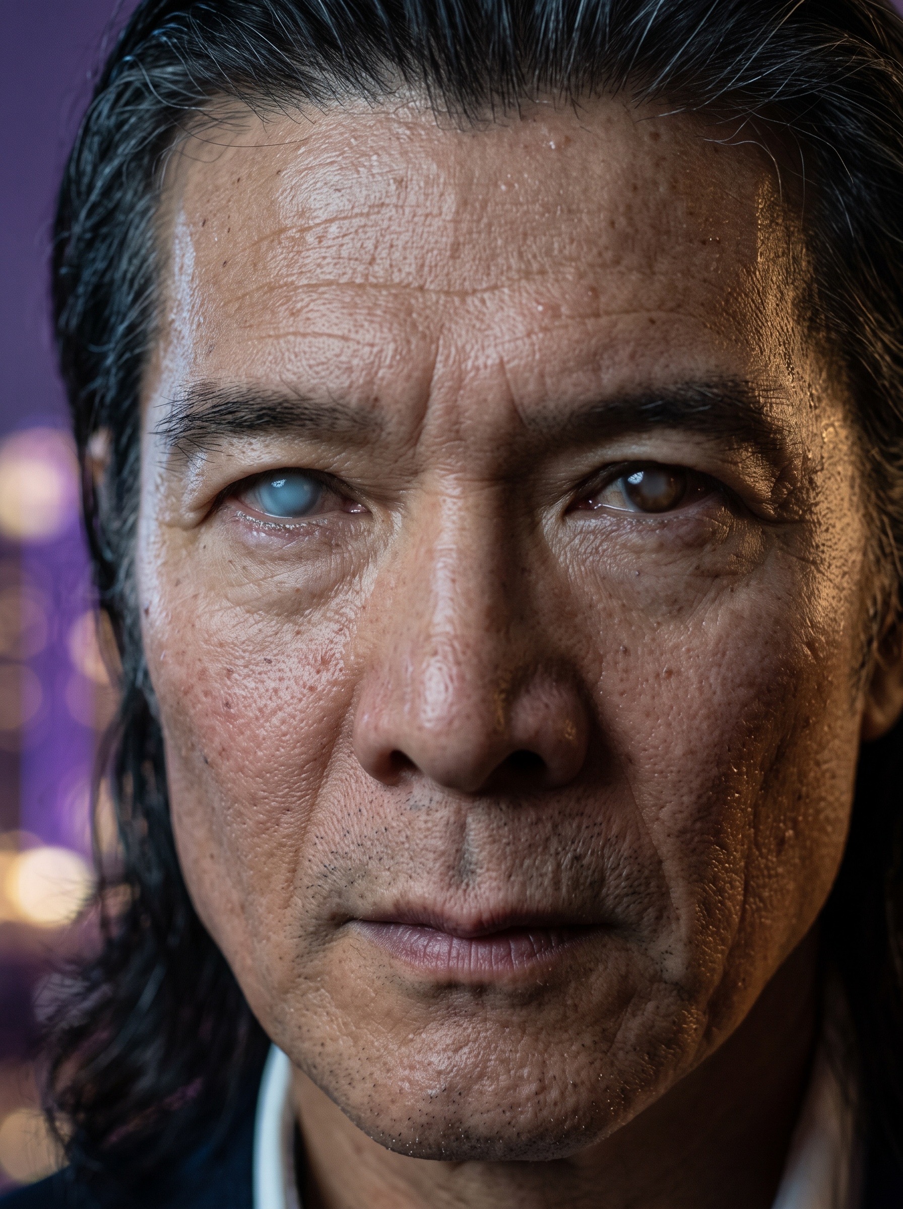 Close portrait of Ho Chan showing one milky blue eye and one milky brown eye