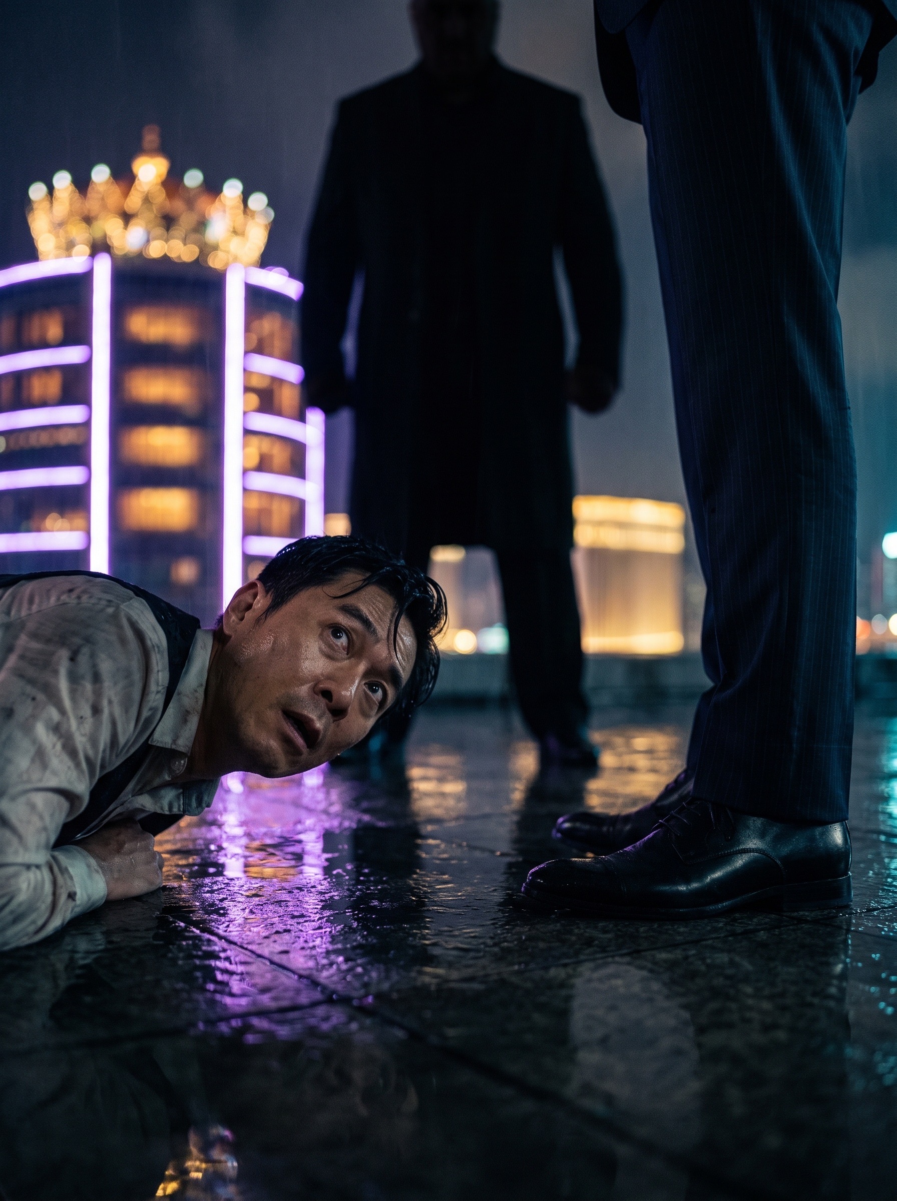 The frightened blackjack dealer on the rain-soaked rooftop beneath two suited men