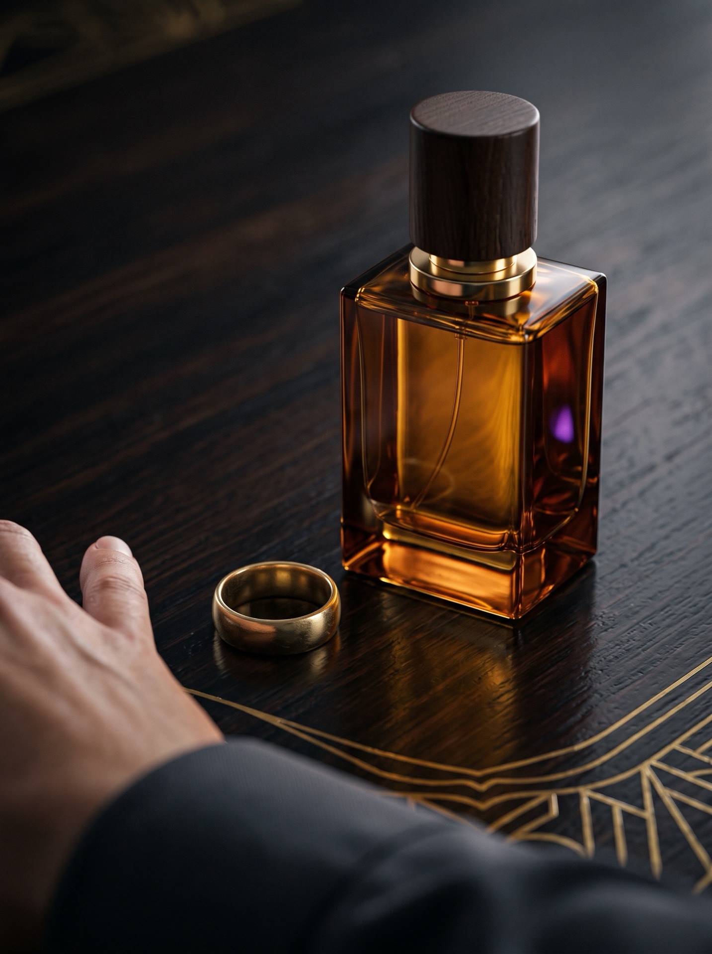 A bottle of Cedar Musk beside a gold wedding ring