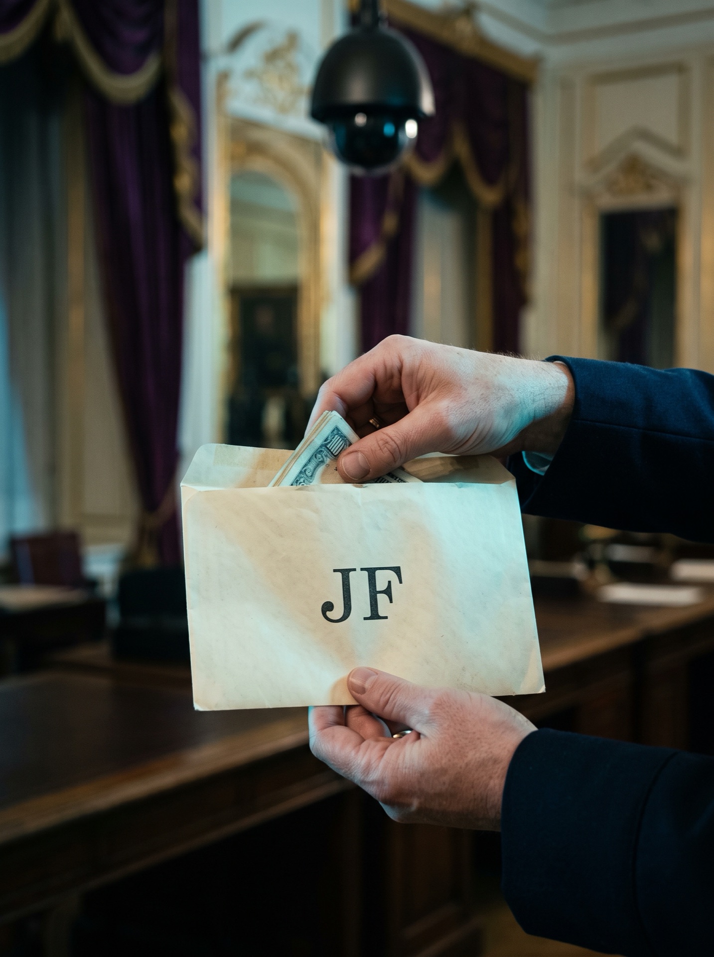 A counting-room employee placing cash into an envelope marked JF