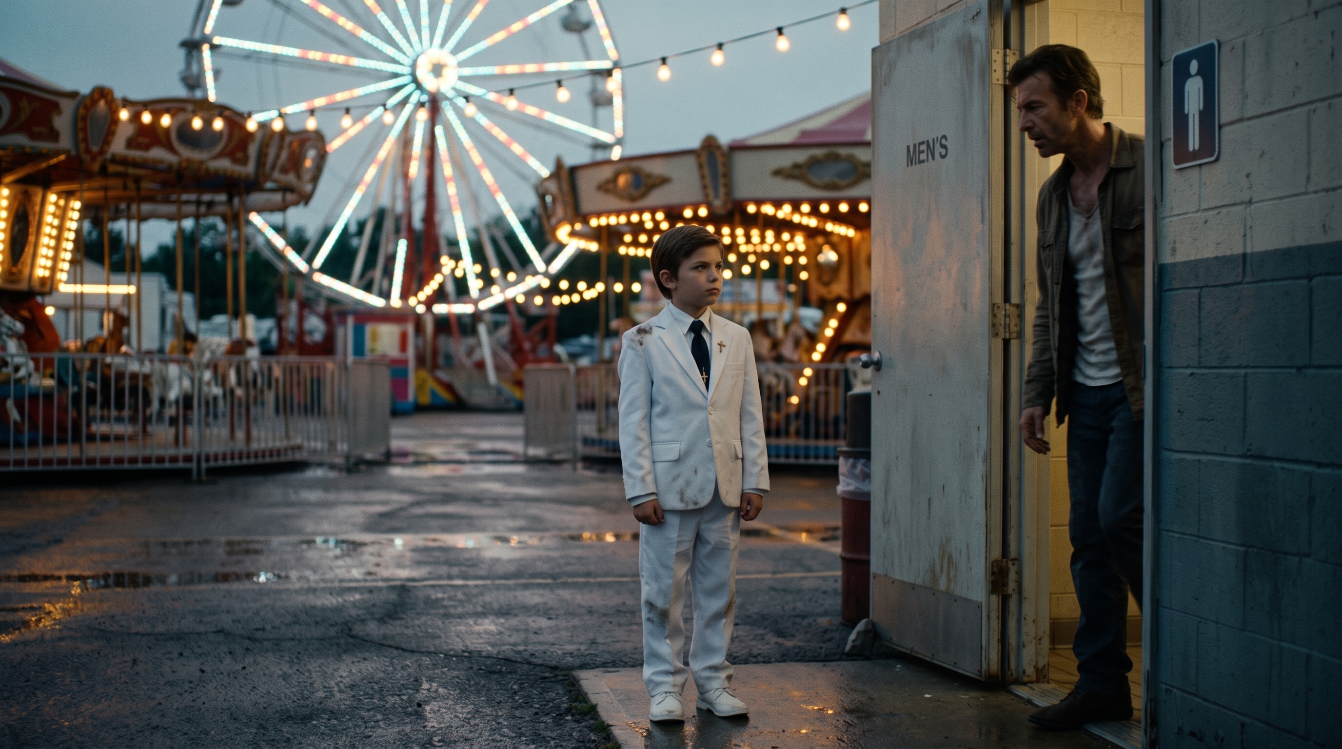 Eight-year-old Mac in a white communion suit outside a carnival restroom as his father emerges