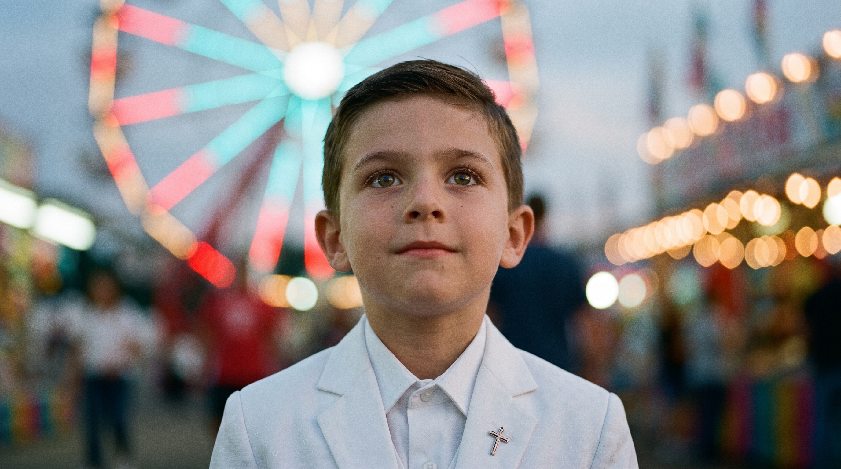 Young Mac in his white communion suit beneath the carnival lights