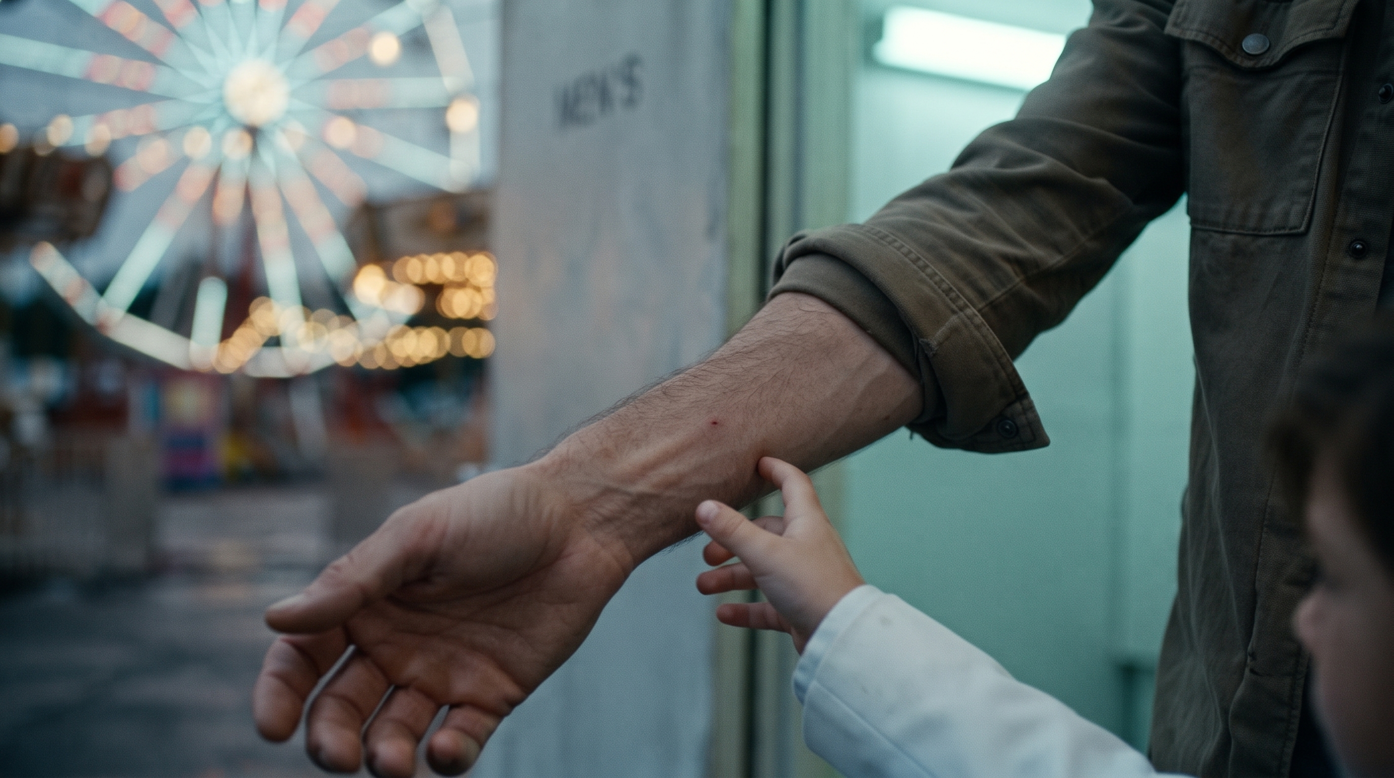 Young Mac reaching toward the fresh needle mark on his father’s arm