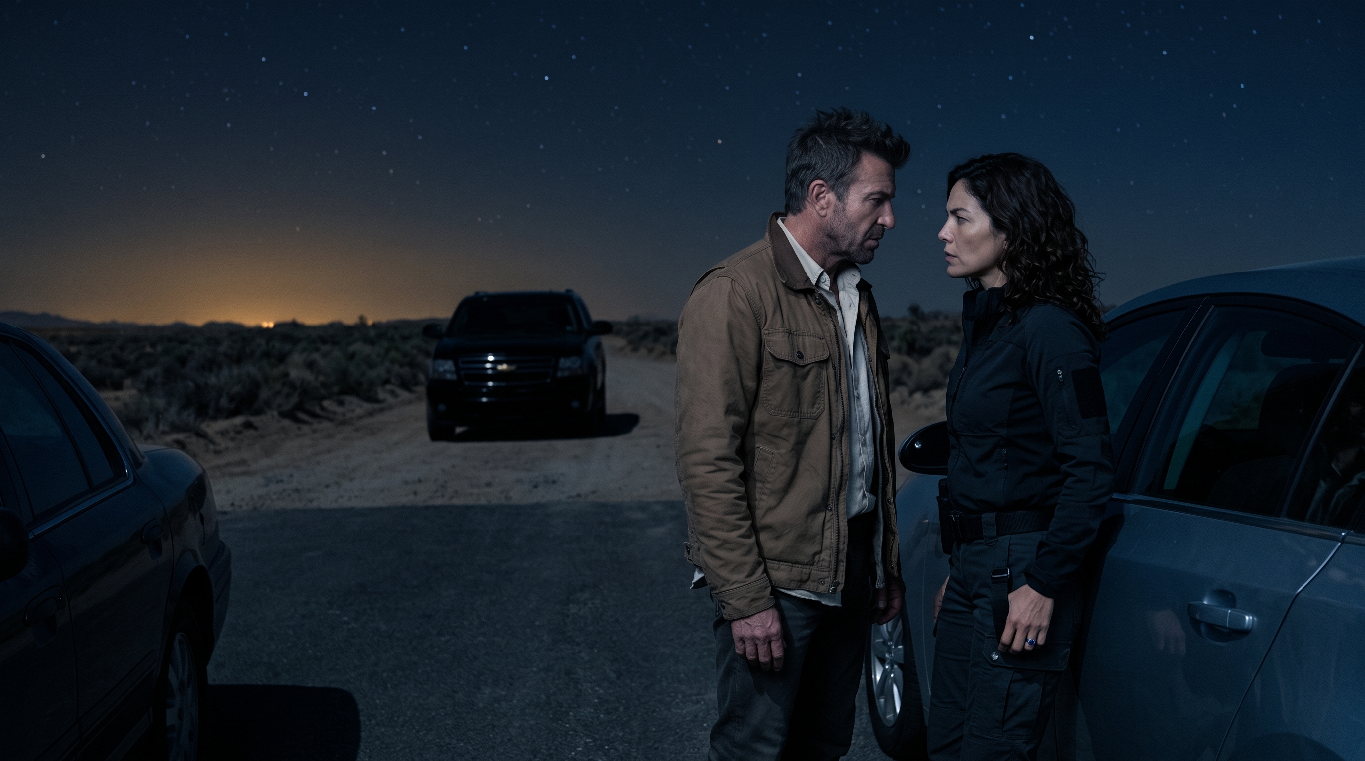 Mac and Maria beside their cars while a black SUV watches from the desert