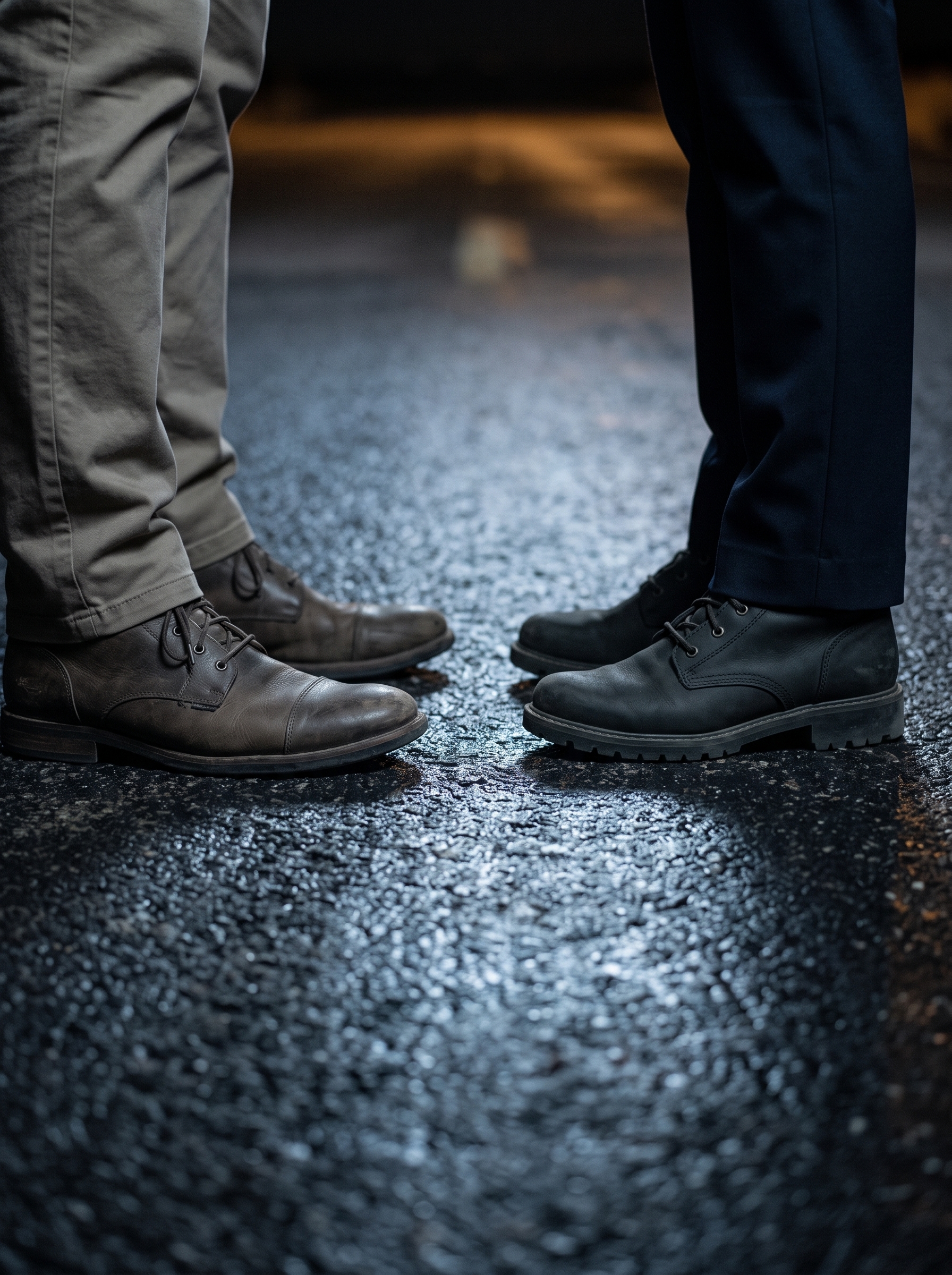 Mac and Maria standing toe to toe on wet black pavement