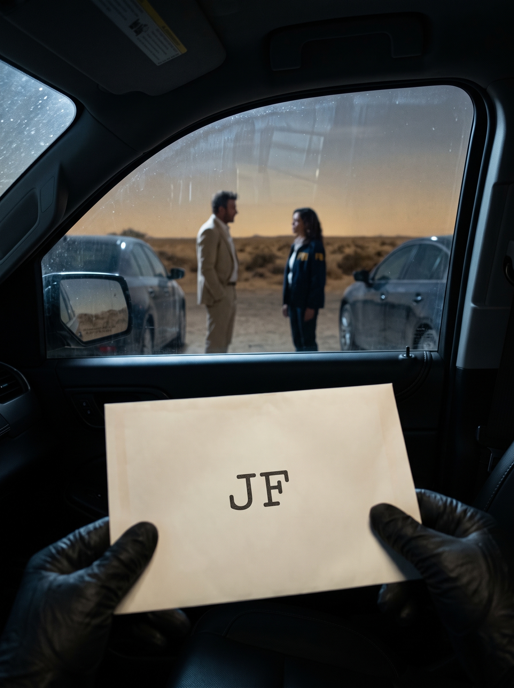 Gloved hands holding an envelope marked JF from inside the watching vehicle
