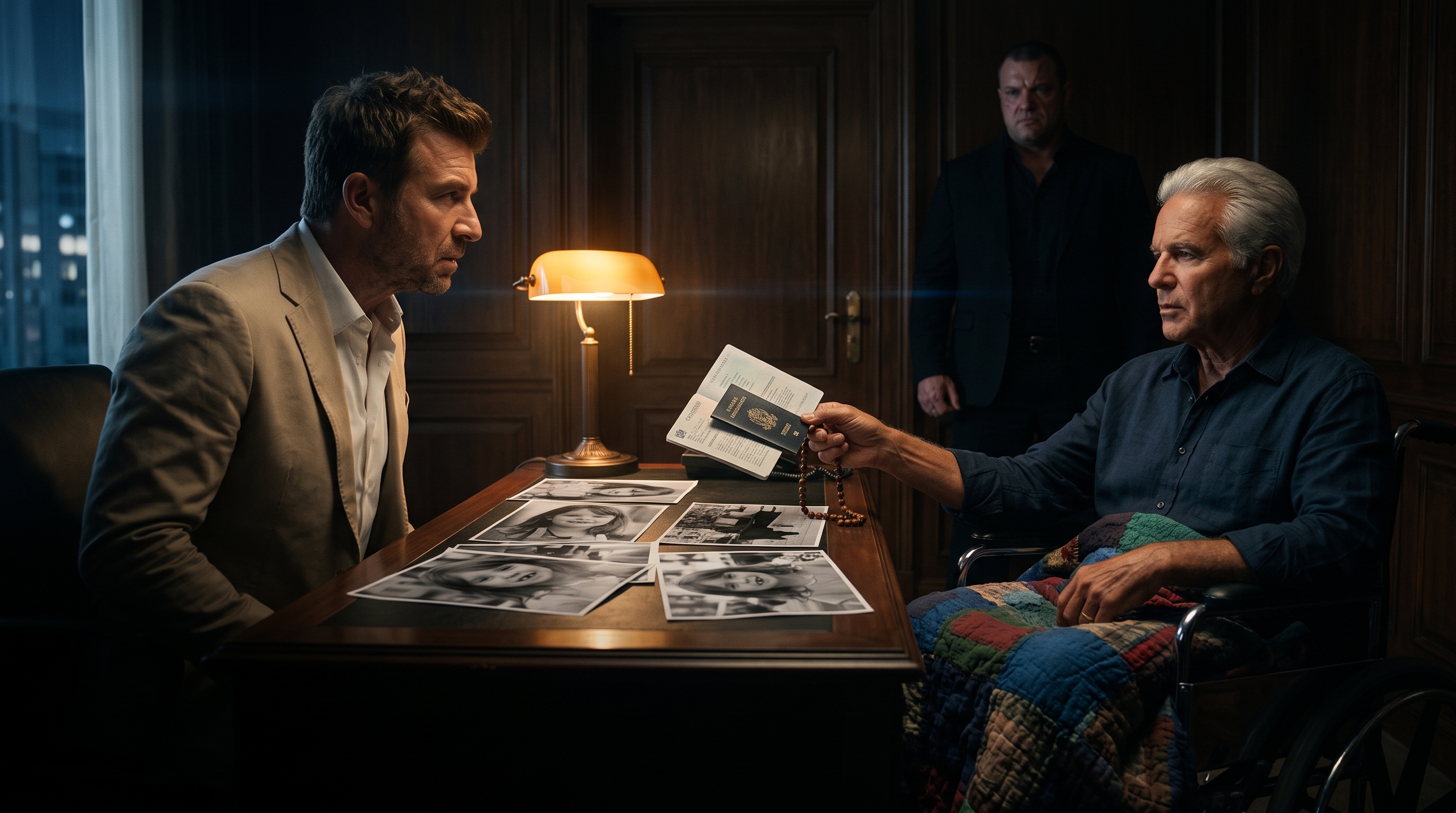 Jimmy Flynn handing Mac a passport and travel documents across his desk