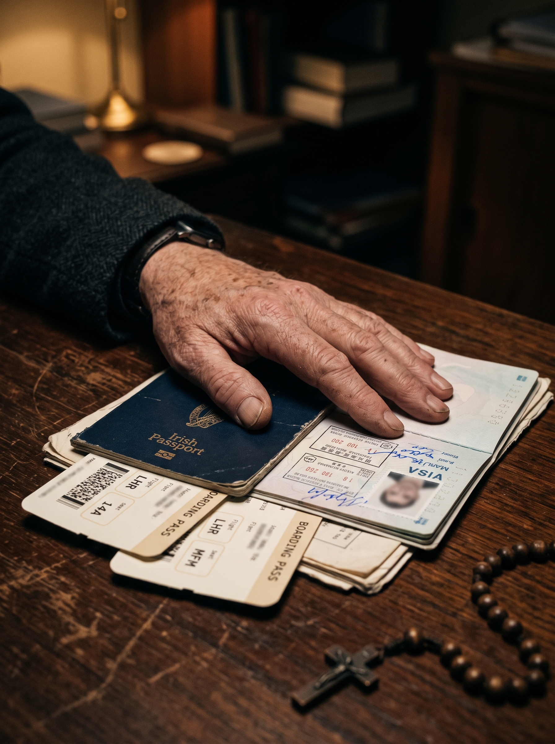 Flynn’s hand resting on an Irish passport, visa, and boarding passes