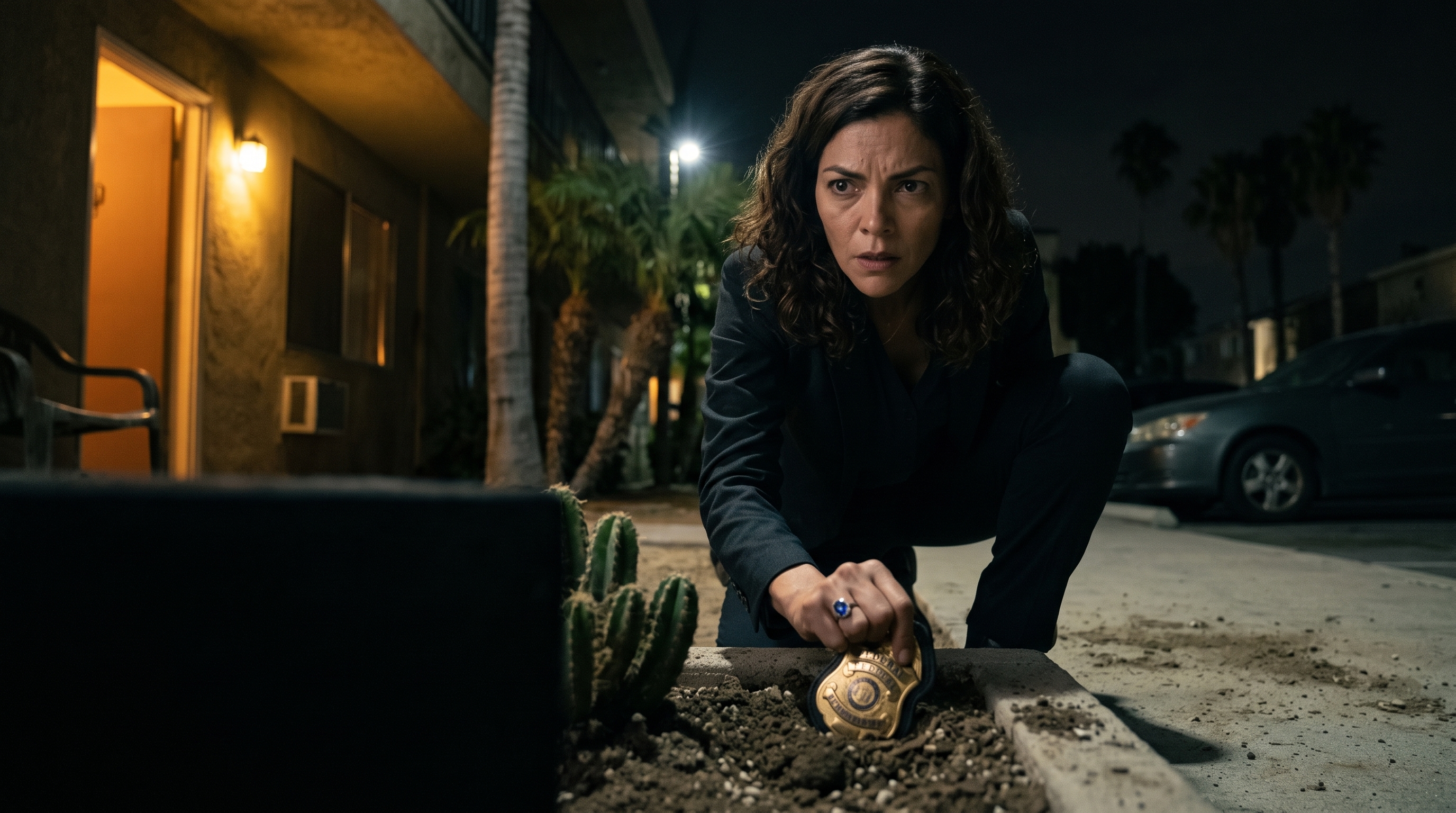 Maria hiding her FBI badge in cactus dirt outside Mac’s apartment