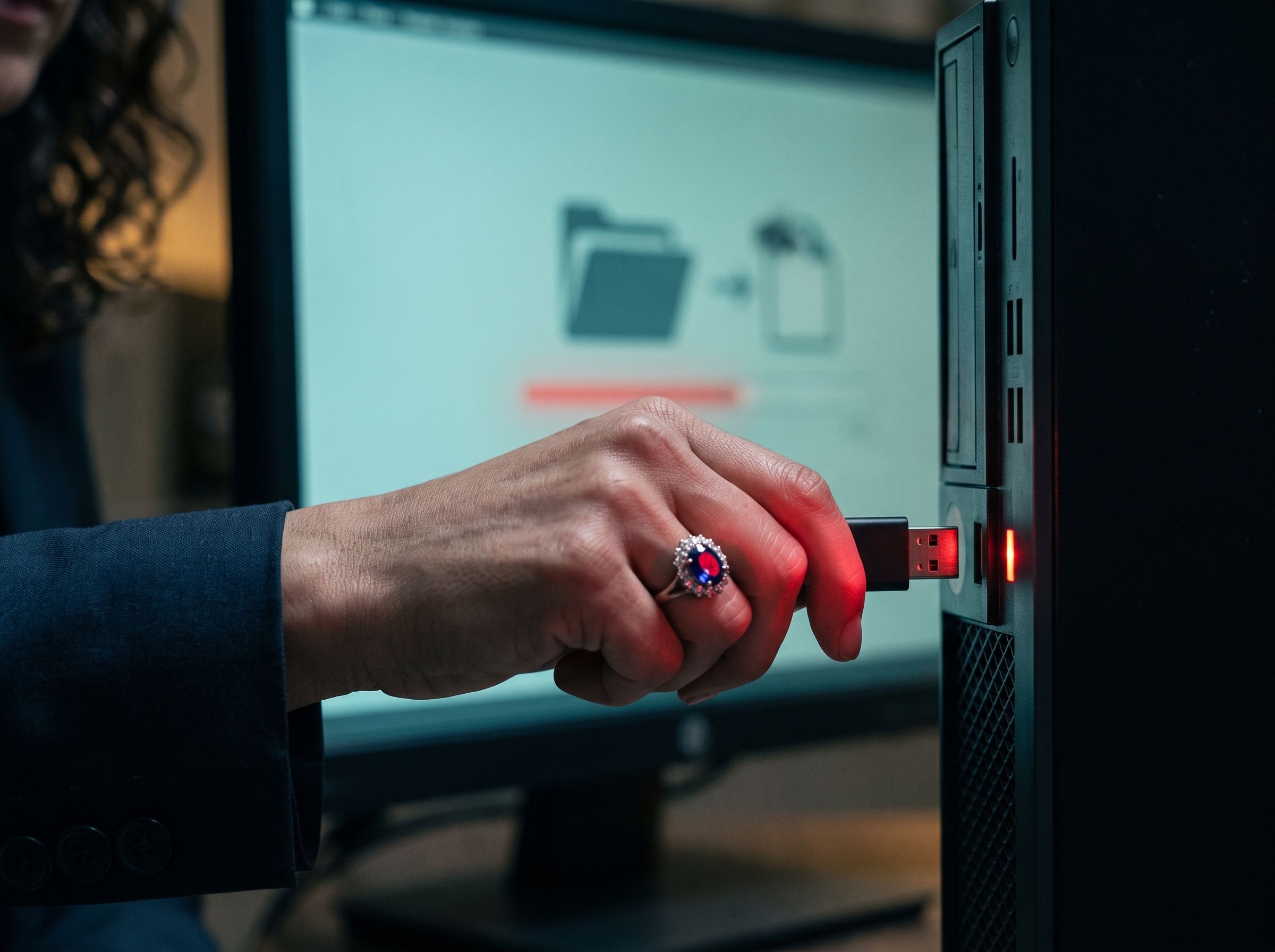 Maria inserting a flash drive into a Bureau computer