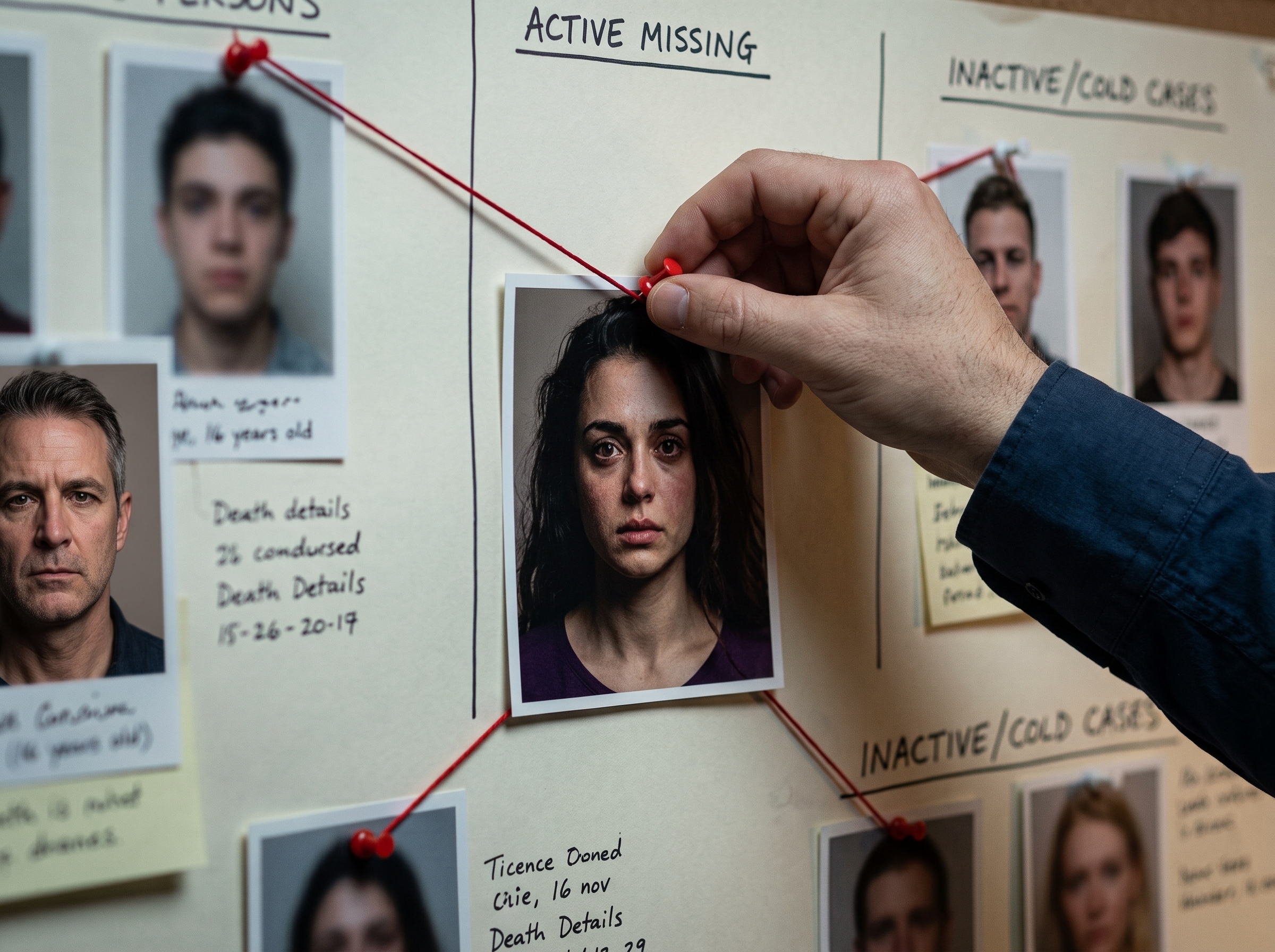 Tina’s photograph being pinned beneath Active Missing on an investigation board