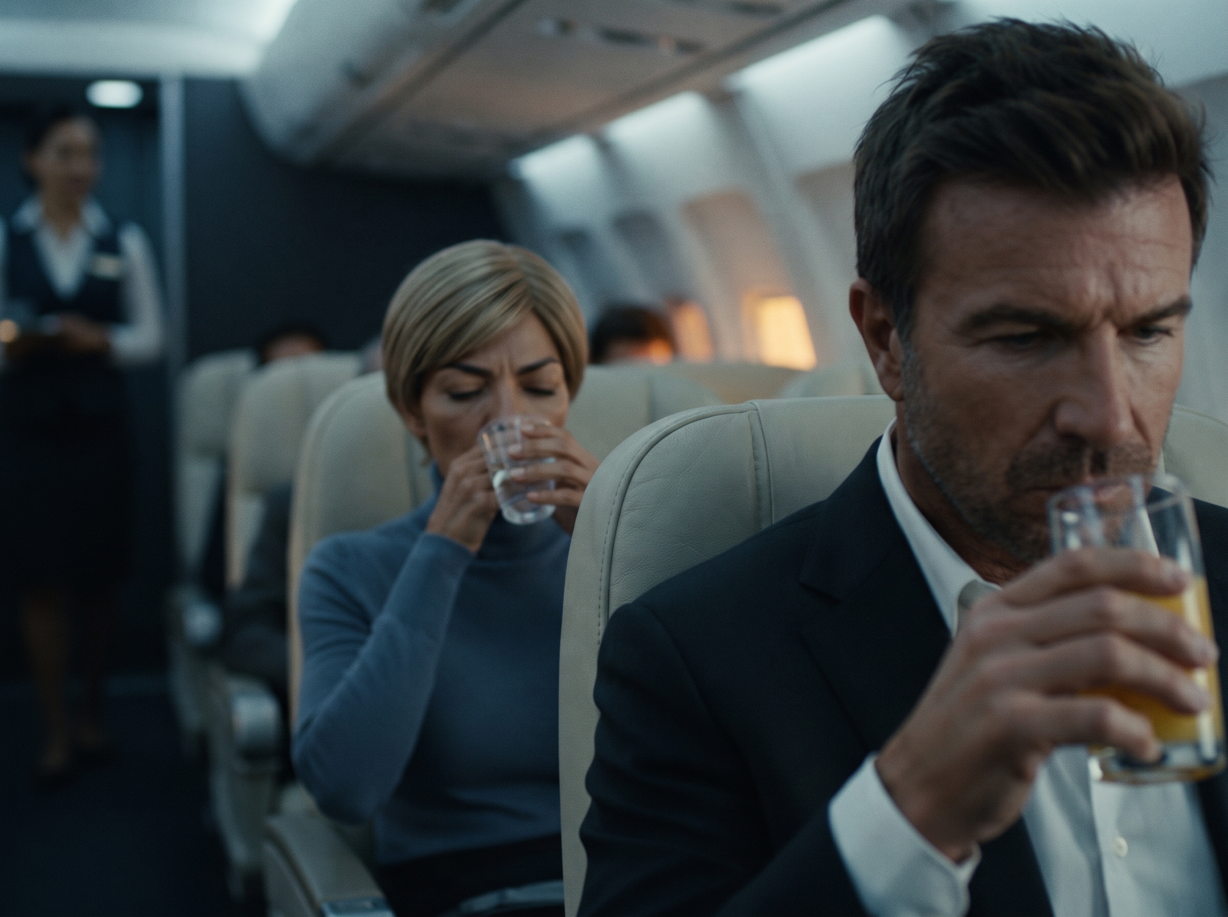 Maria in a blonde wig taking her final pill aboard the flight behind Mac