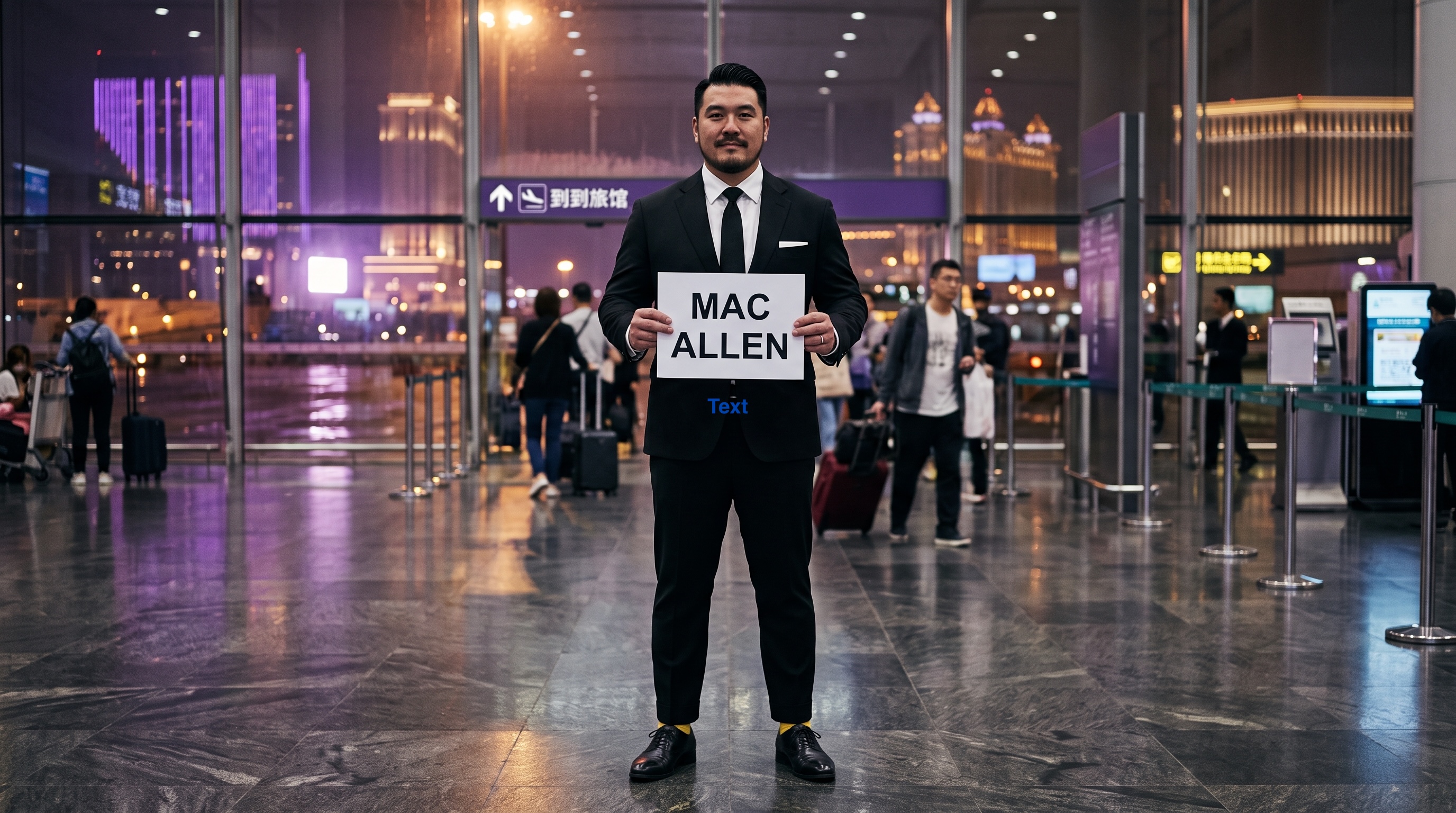 Edwin holding a MAC ALLEN sign at Macau airport