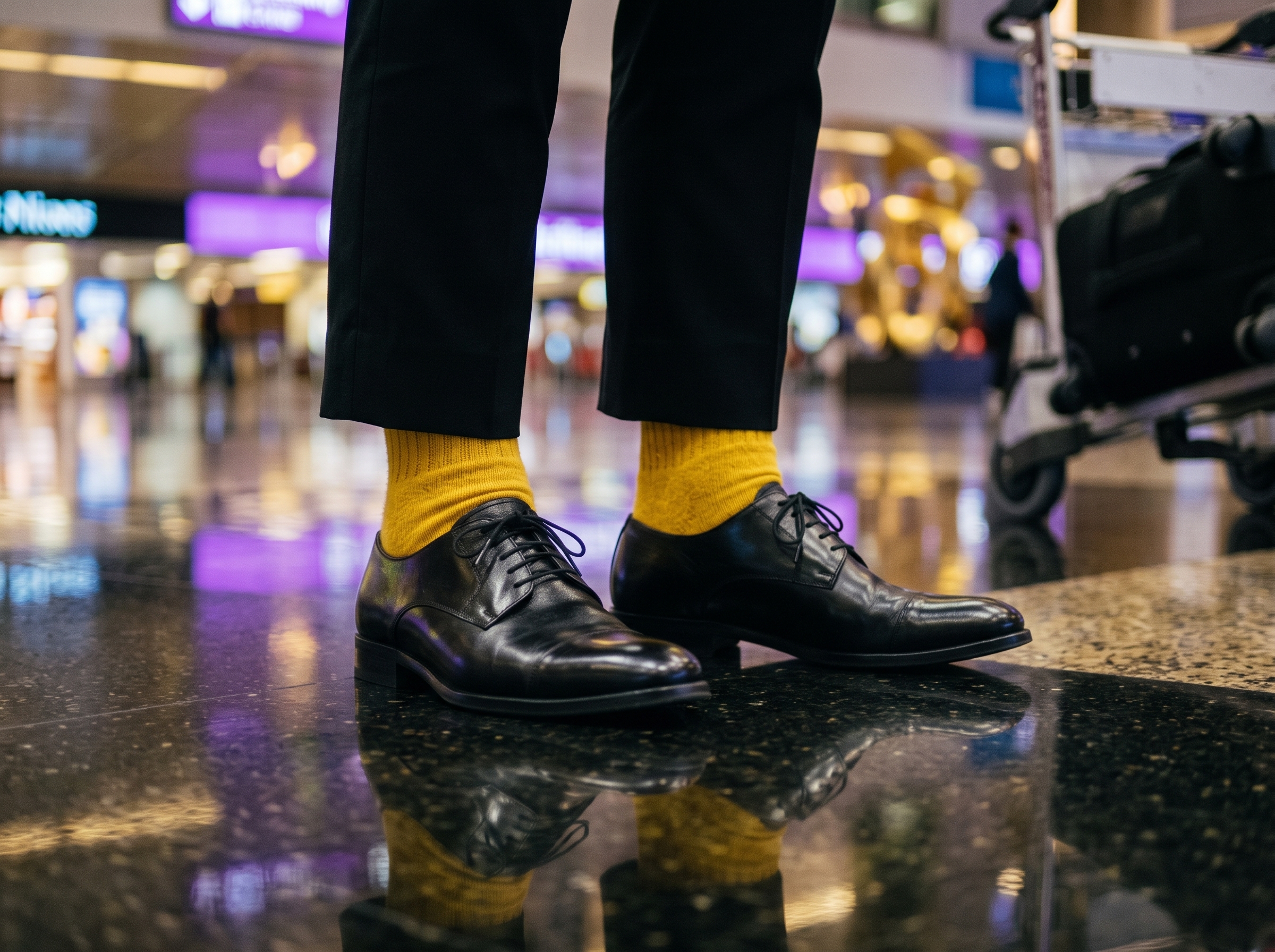 Edwin’s bright yellow socks above polished black shoes
