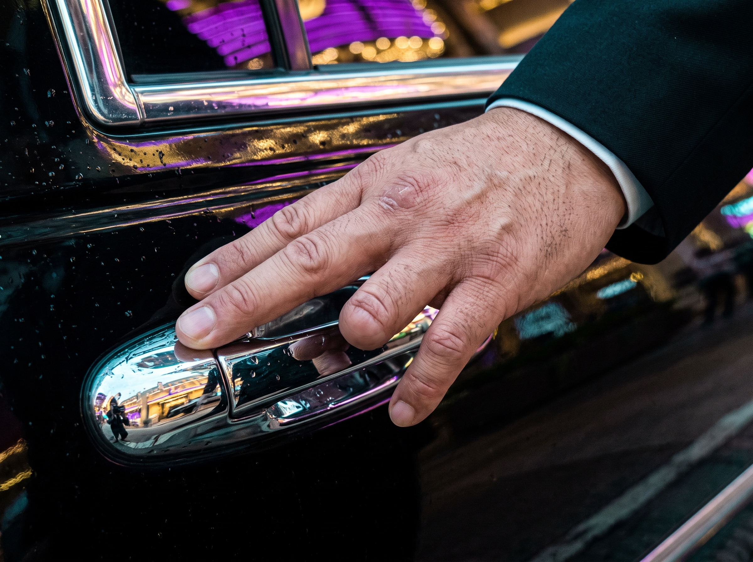 Edwin’s scarred hand and half-missing finger on the limousine door handle