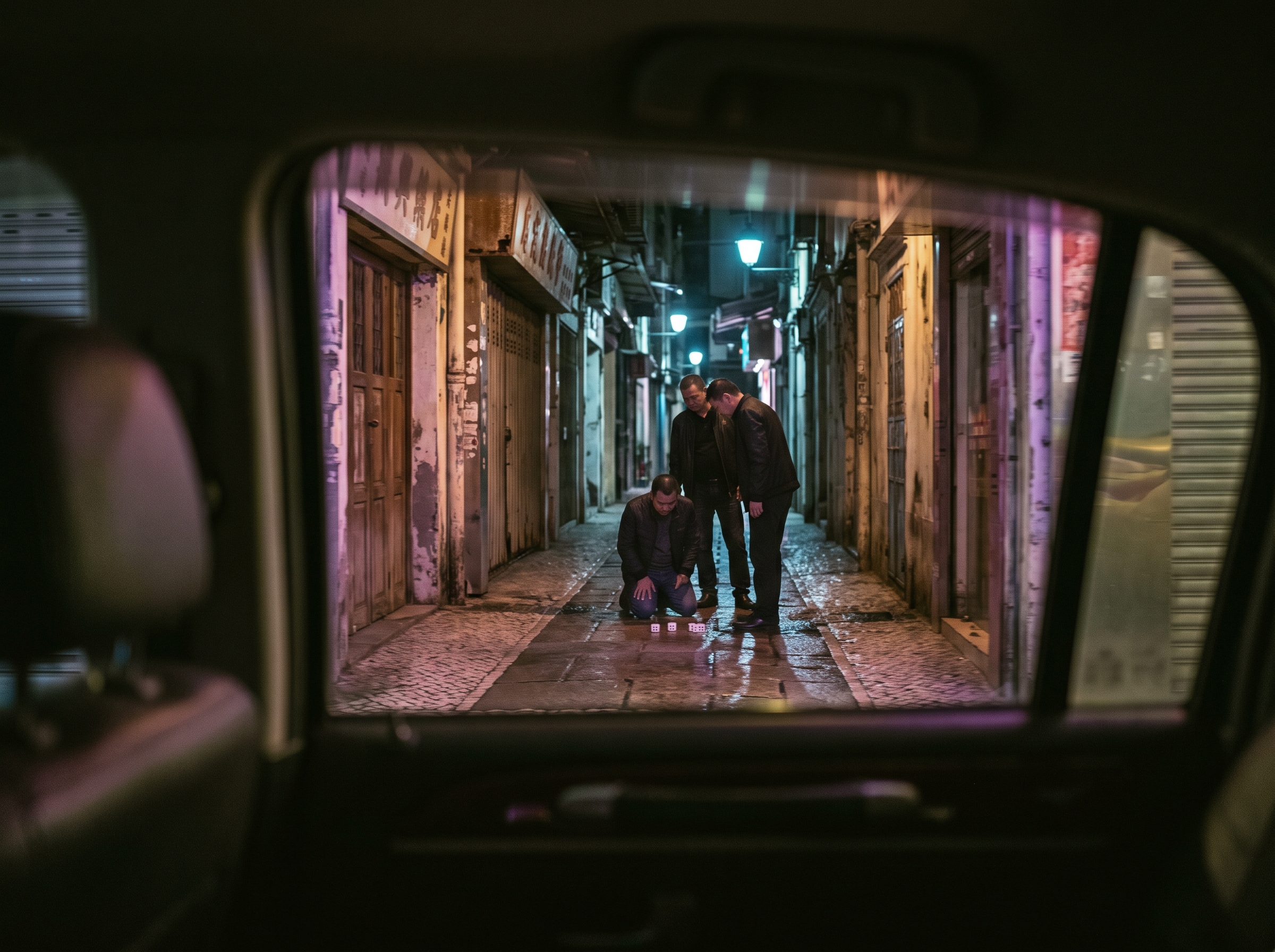 Men surrounding a kneeling figure and dice in a wet Macau alley, seen through the limousine window