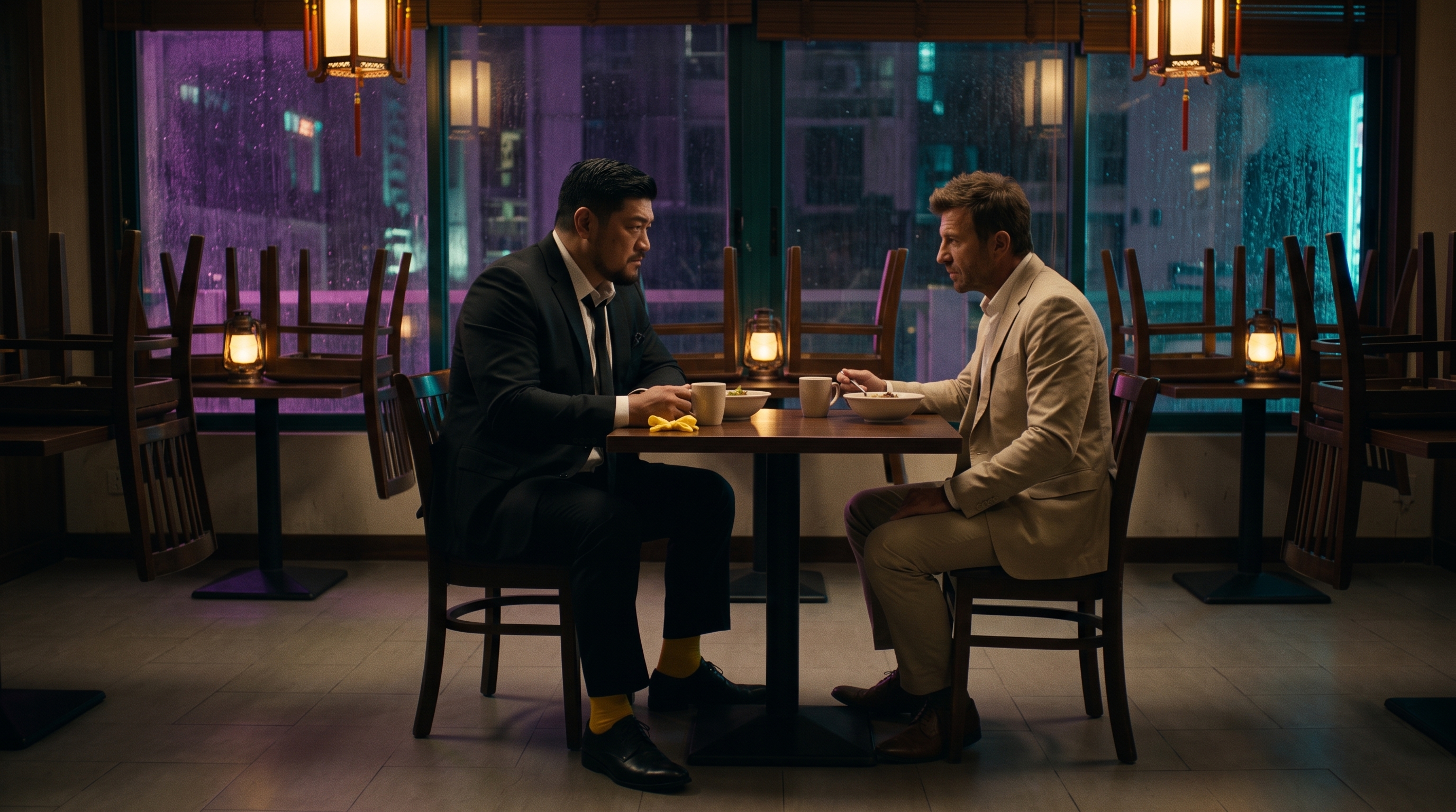 Mac and Edwin sharing a quiet late-night meal in a closed Macau restaurant