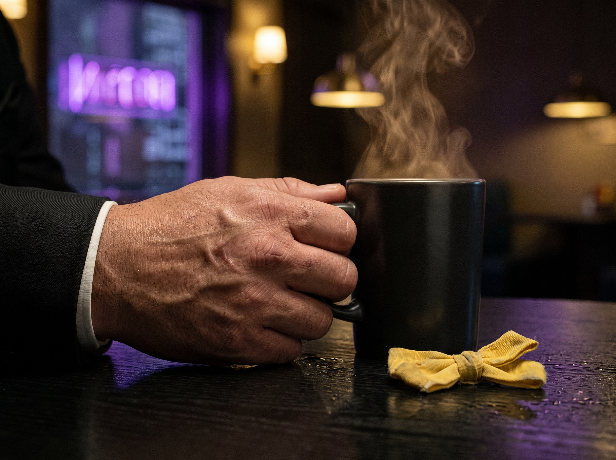 Edwin holding a steaming cup beside his daughter’s yellow hair ribbon