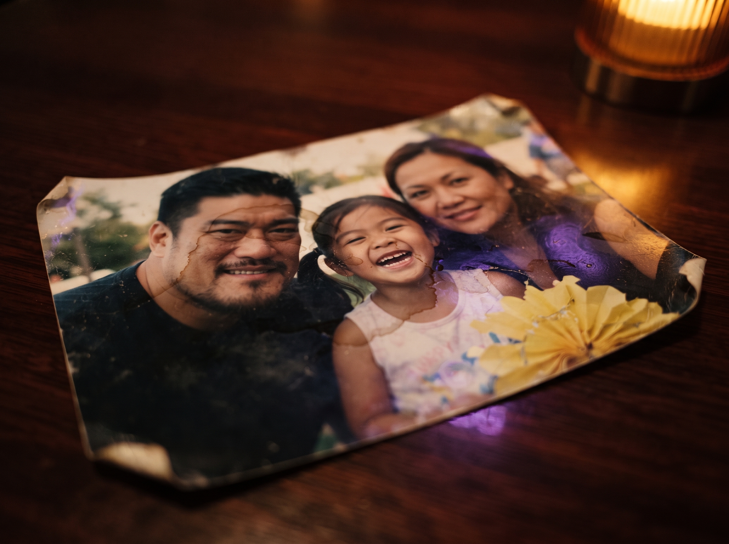 A worn photograph of Edwin with his wife and young daughter
