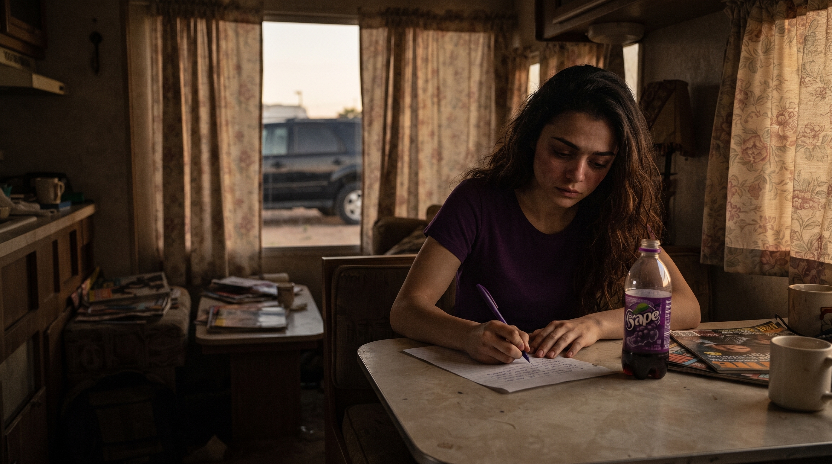 Tina writing a letter to Mac inside the Arizona mobile home
