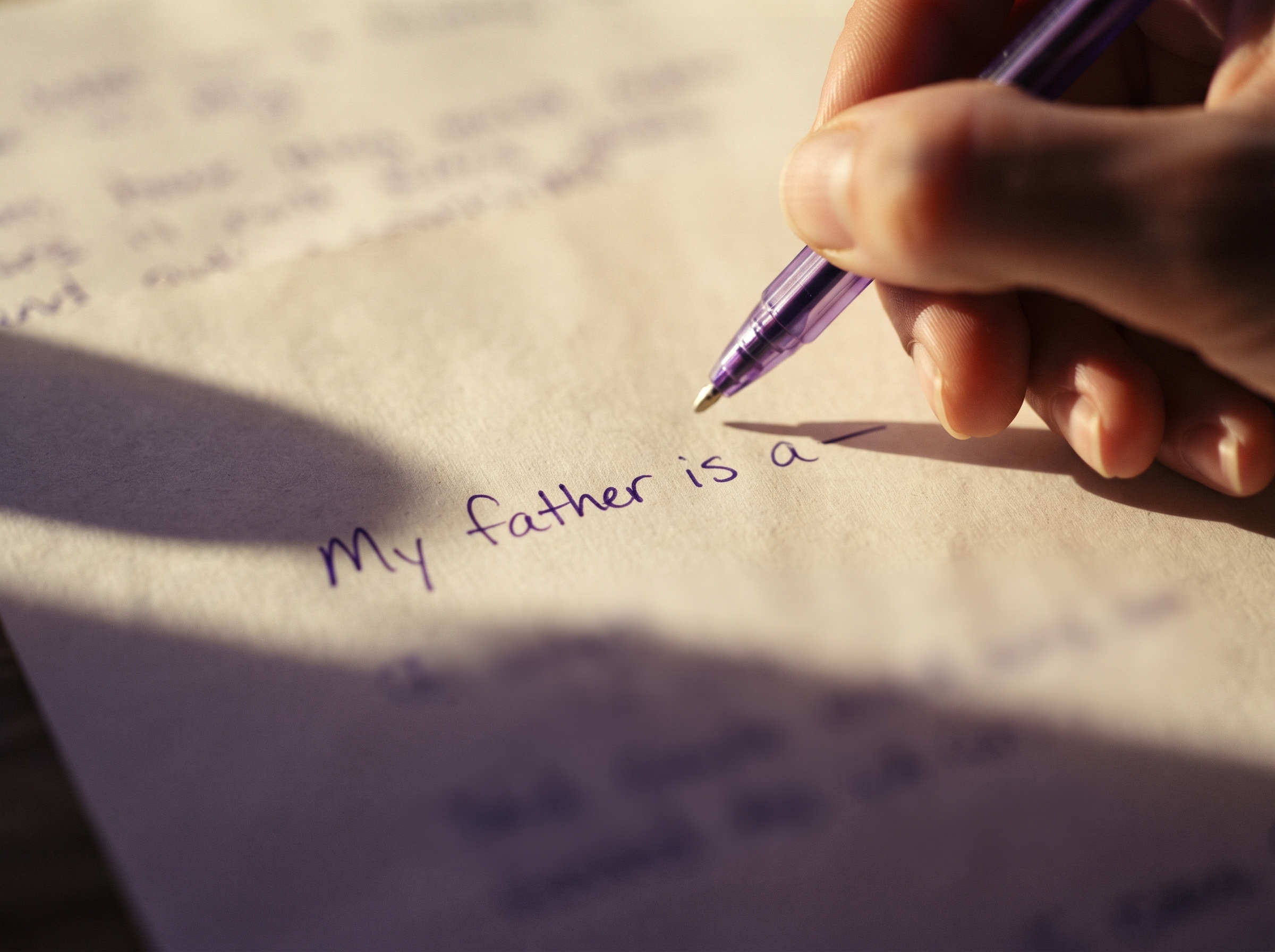 Tina’s purple pen stopping after the words My father is a
