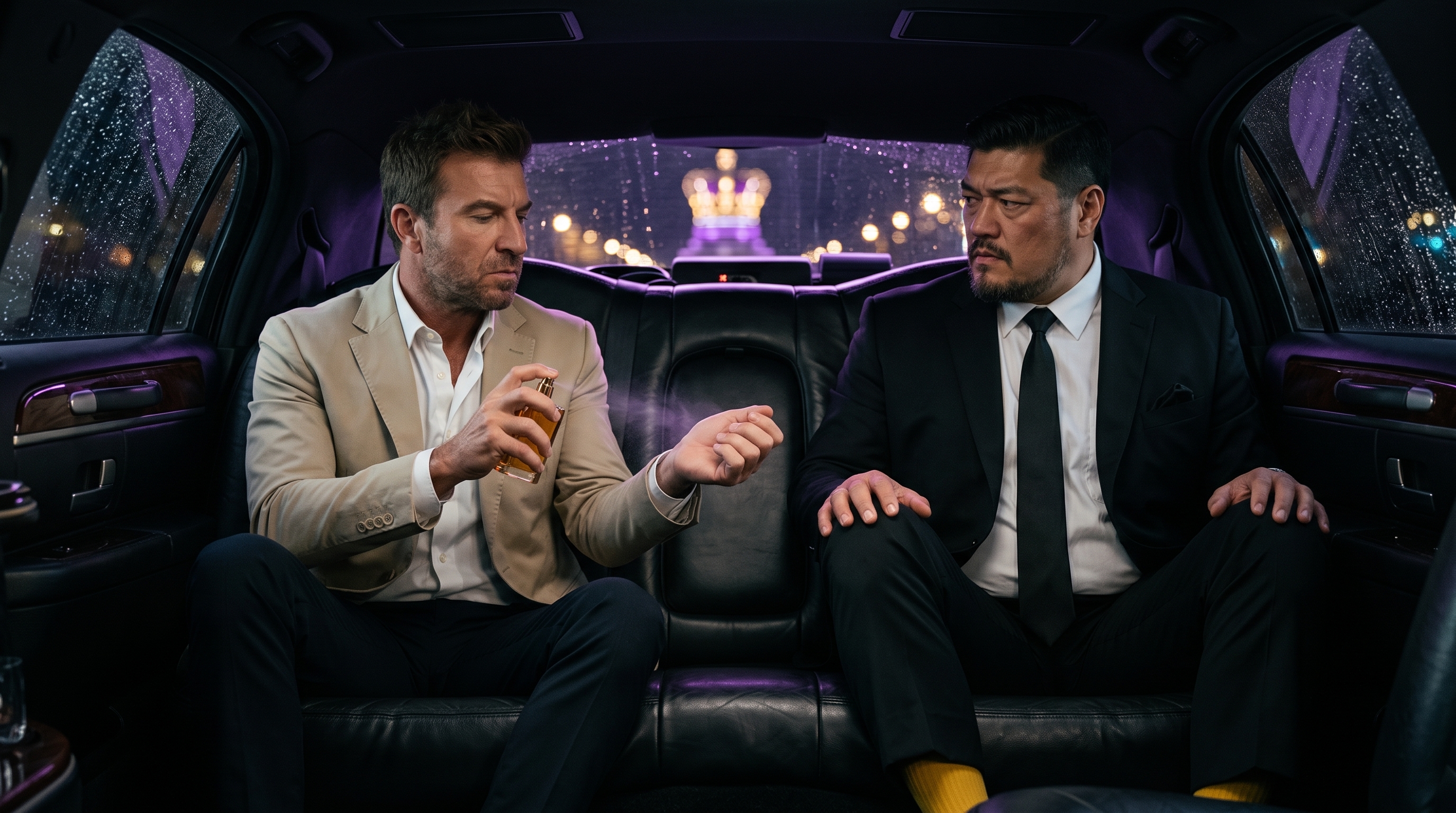 Mac spraying Cedar Musk on his wrist as Edwin watches in the Queen’s Palace limousine