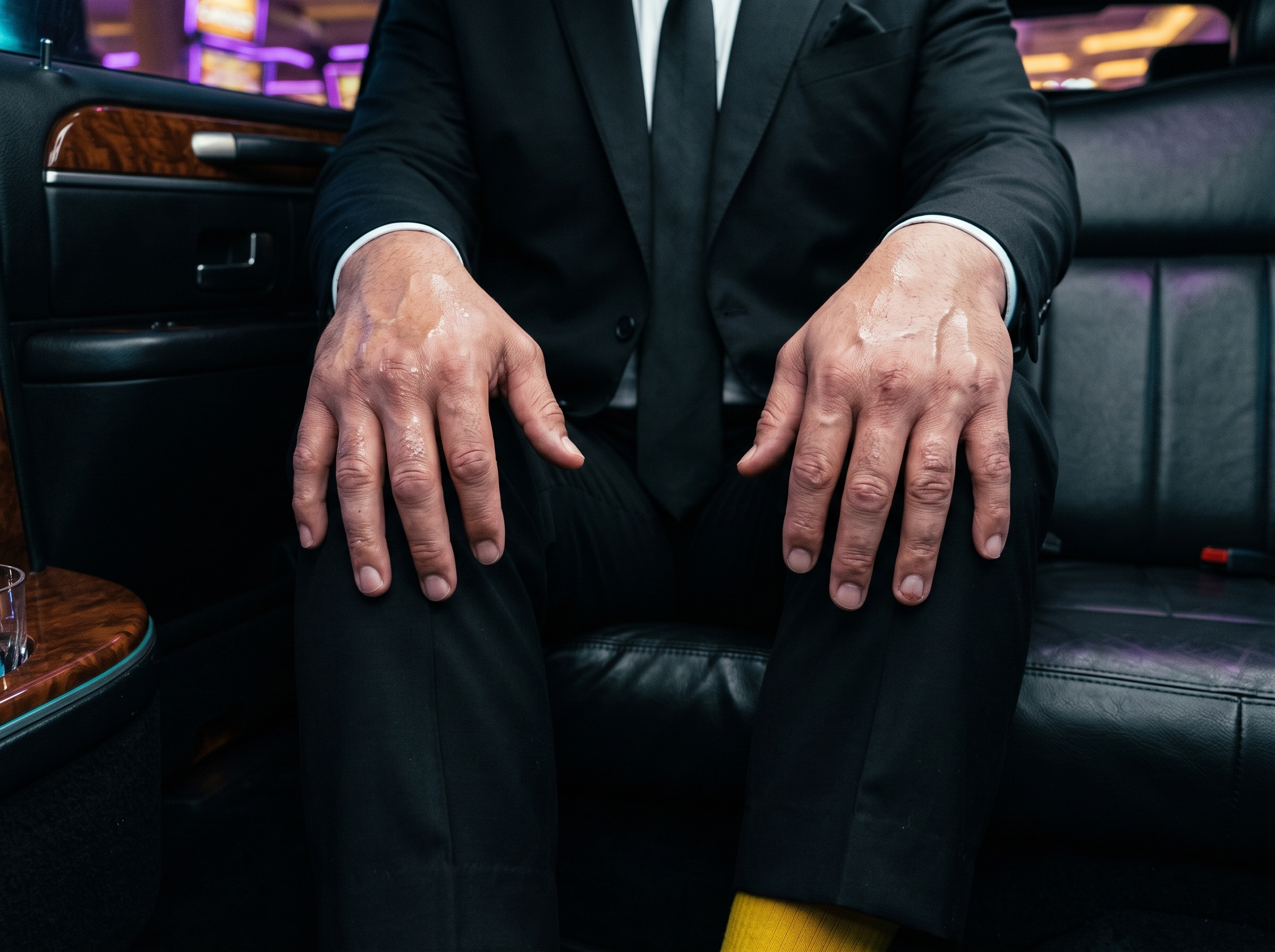 Edwin’s visibly sweating hands resting on his knees in the limousine