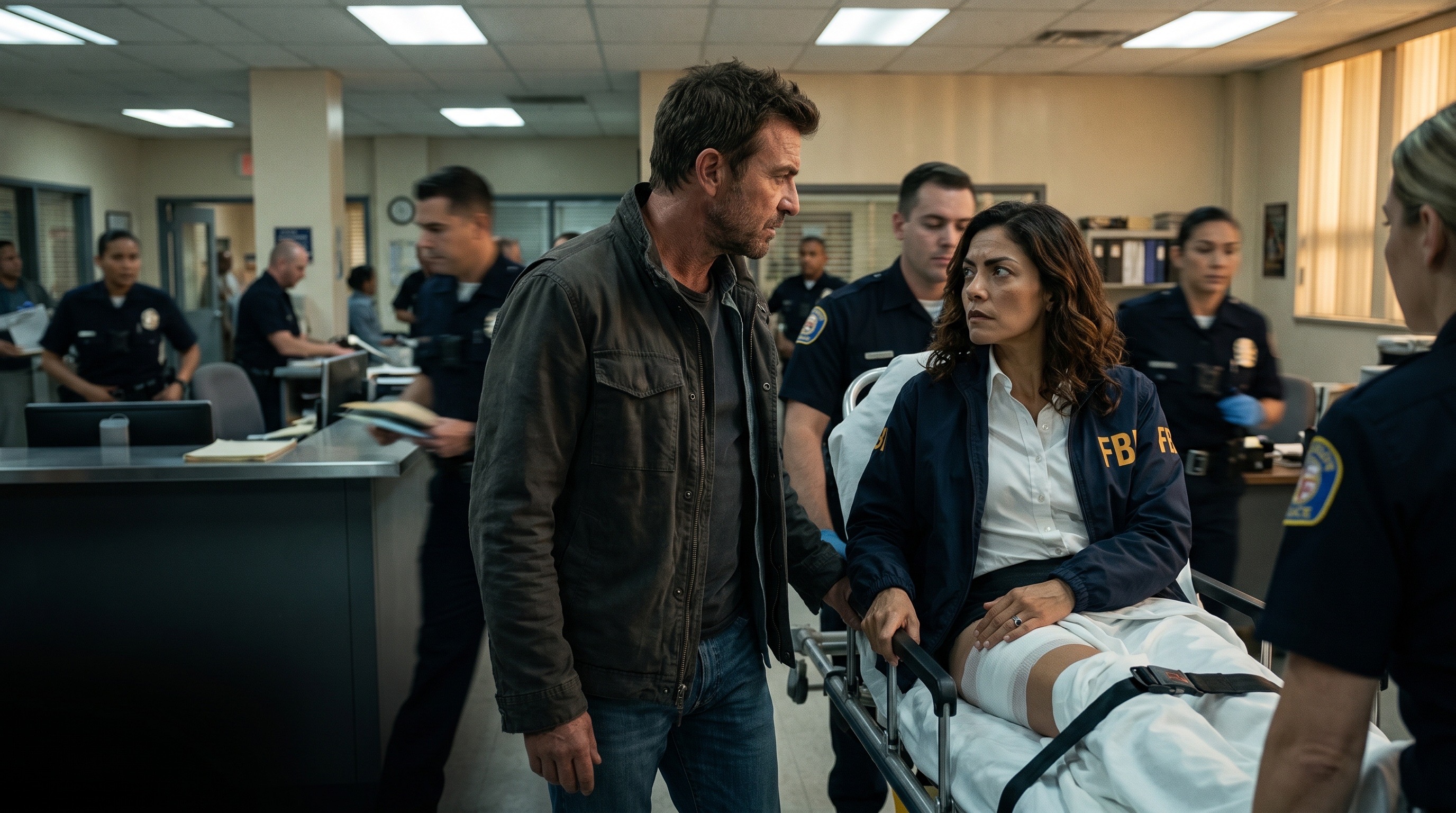 Mac Allen walking beside injured FBI agent Maria Garcia as officers rush her through the Los Angeles police station