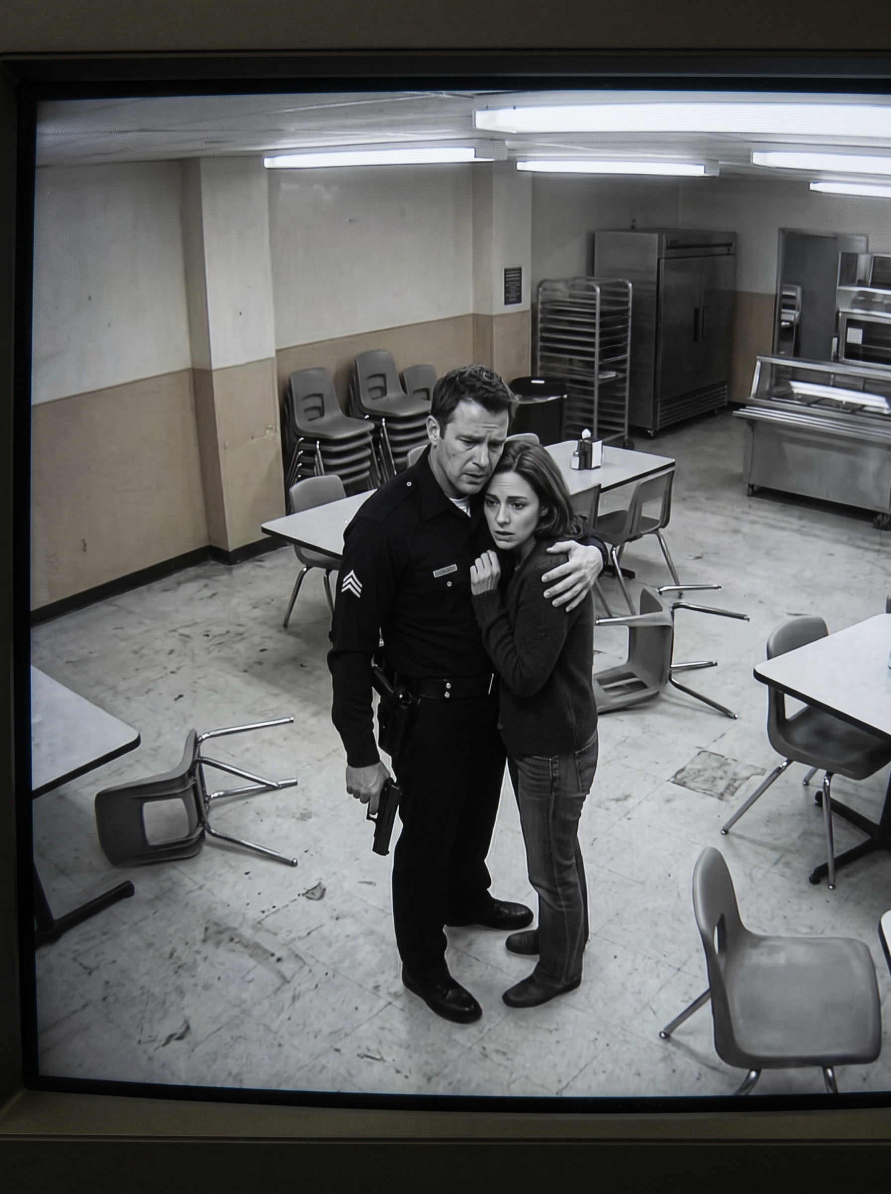 Police surveillance monitor showing Officer Peter Buckley holding Ellen Adamo in the cafeteria