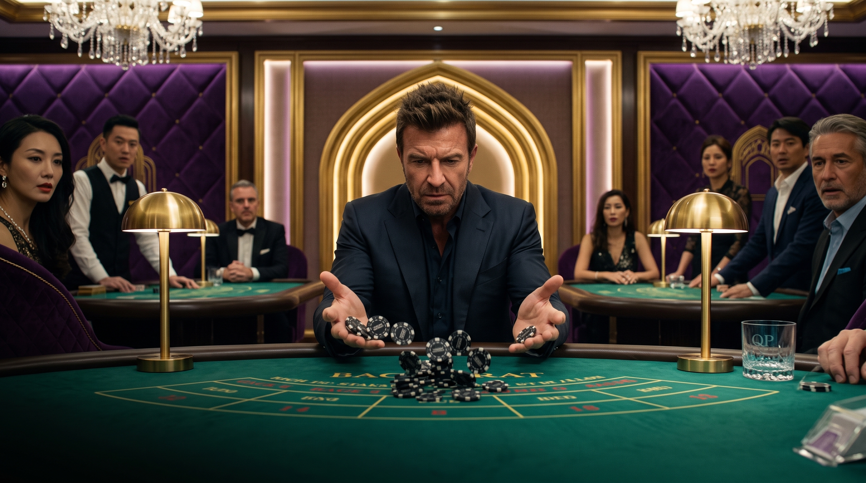 Mac at the baccarat table as black chips fall from his open hands